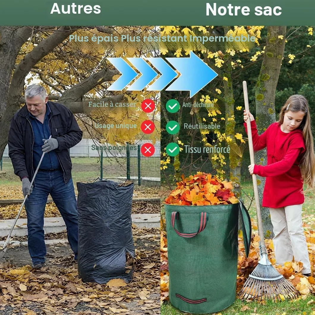 Sac Déchets Jardin Autoportant 120L Résistant Indéchirable avec Couvercle Poignées Réutilisable
