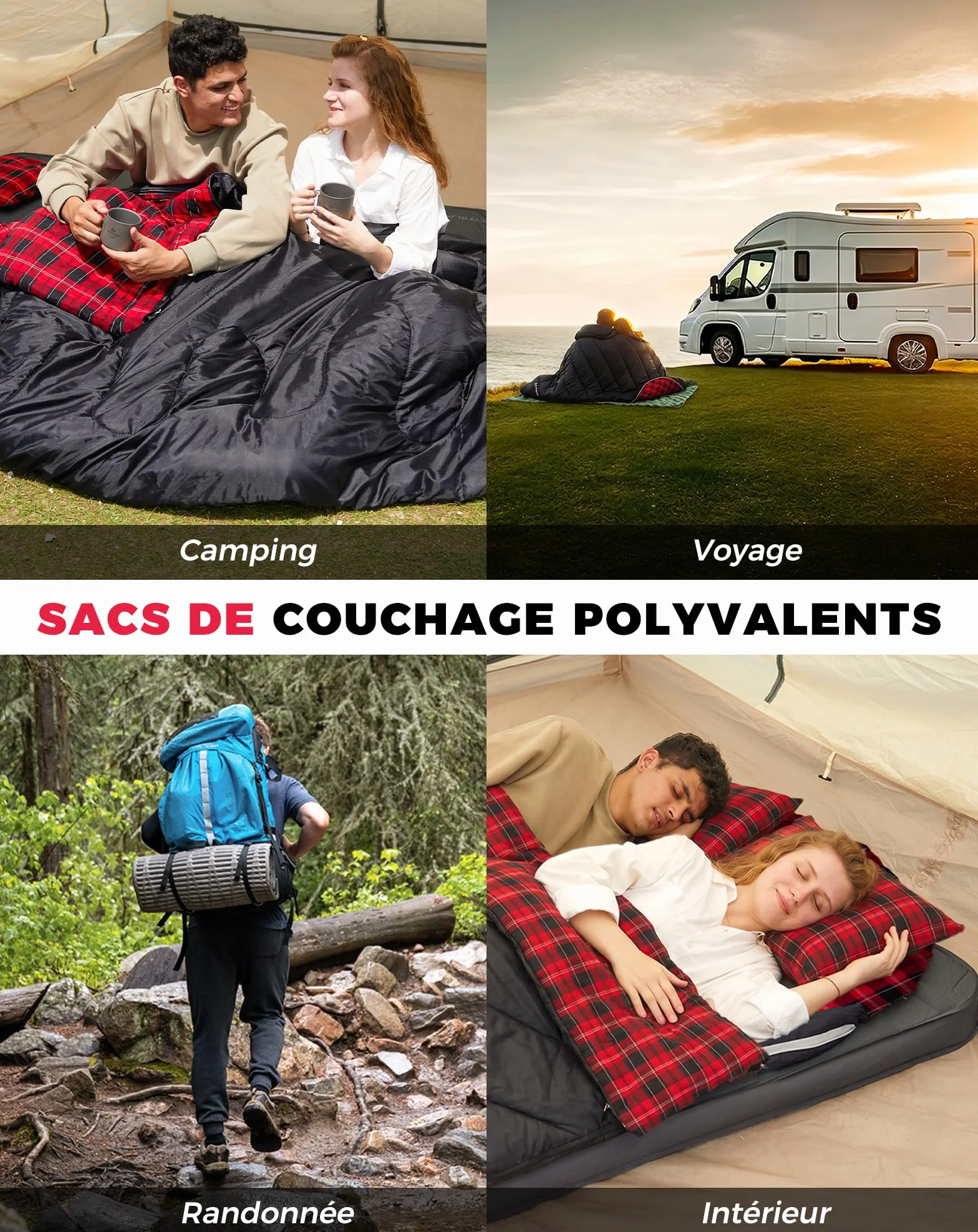 KingCamp Sac de Couchage Double en Flanelle de Coton pour 2 Personnes - Chaud pour l'hiver, 3-4 Saisons, avec 2 oreillers - Idéal pour Le Camping, Voyages et activités Plein air