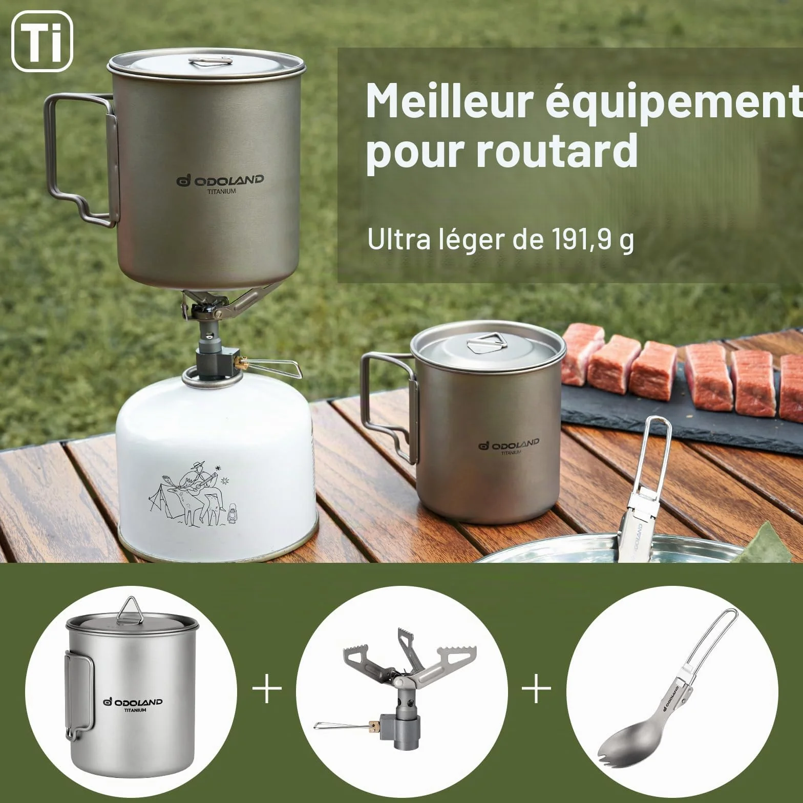 Odoland Tasses en titane de 750 ml, mini réchaud en titane ultra léger de 1900 W, tasse à café de camping avec couvercle et spork, poignée pliable pour camping, randonnée, voyage et trekking