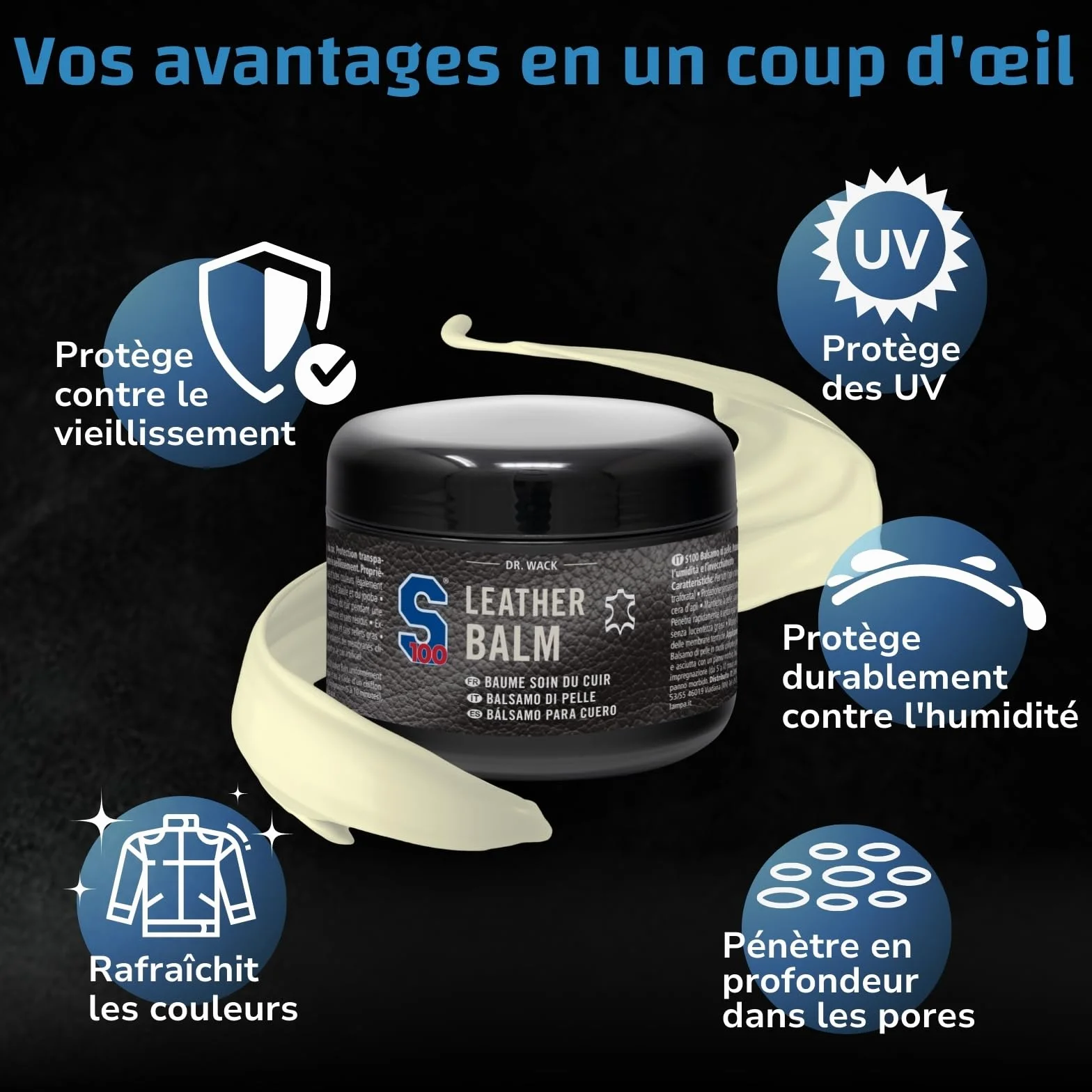 Dr. Wack - S100 Baume Soin du Cuir pour Vêtements et Équipements de Moto - Protection Contre Humidité et Vieillissement - A l'Huile de Jojoba & Cire d'Abeille - Incolore, 250 ml