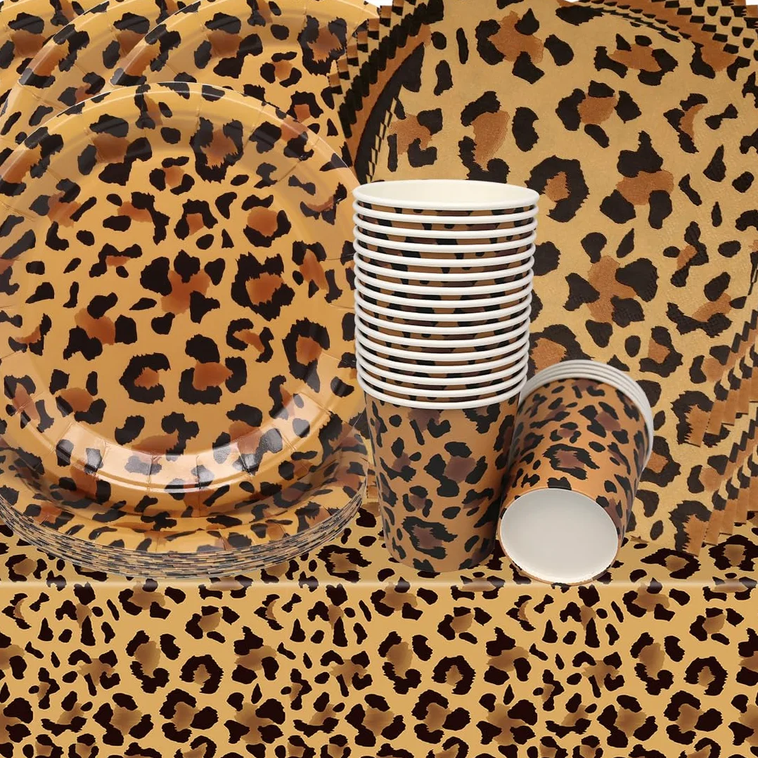 Vaisselle de Fête Léopard Anniversaire Set Assiettes en Papier Serviettes Tasses 20 Personnes