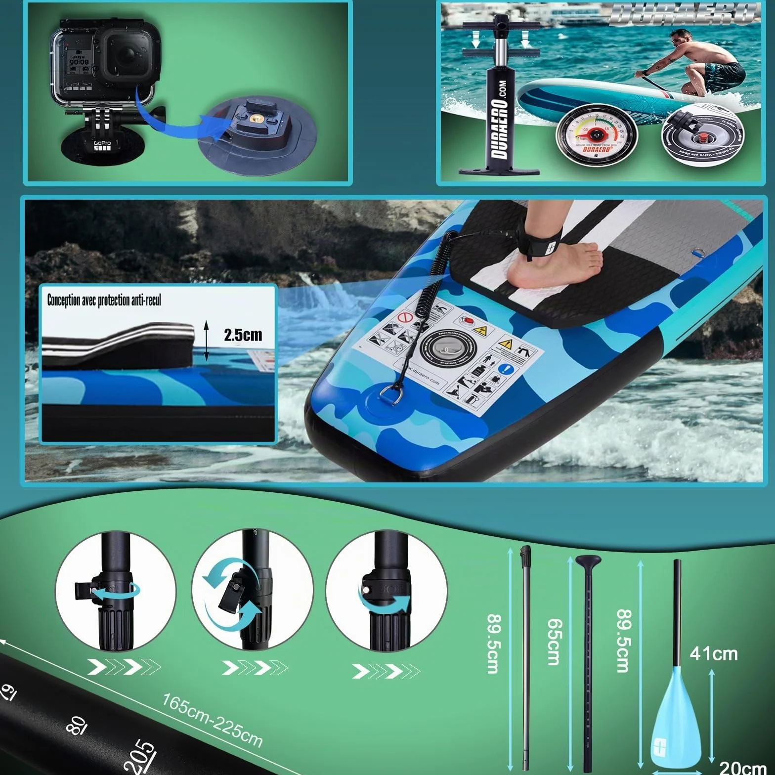 Planche de Stand up Paddle Gonflable, 330 x 76 x 15 cm, siège de Kayak, capacité de Charge jusqu'à 150 kg, Support pour caméra, Kick-Pad intégré, 3 ailerons, pagaie Double réglable, Camouflage Blue