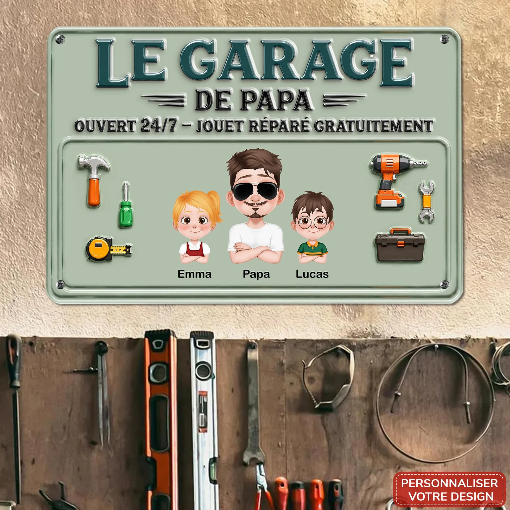Plaque Métal Personnalisée Le Garage De Papy Et Papa Cadeau fête des pères (2 Enfants)