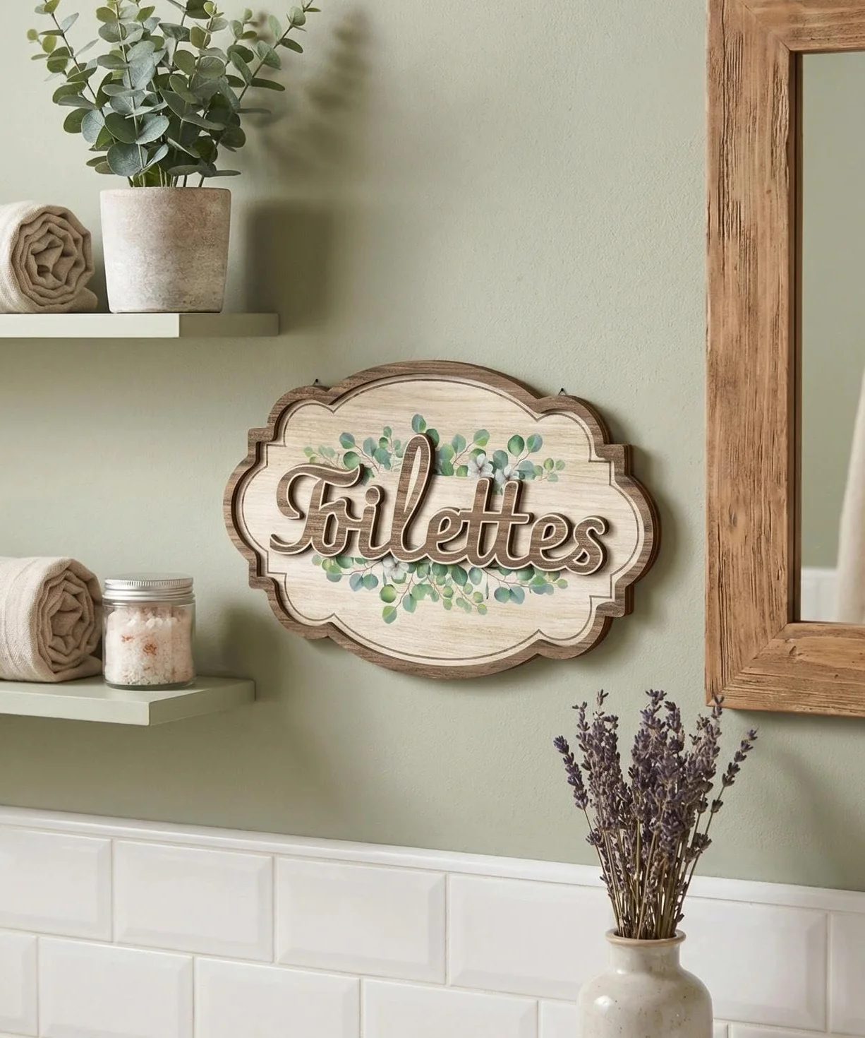 Plaque Murale Toilettes Eucalyptus Décoration Style Rustique MDF Salle de Bain