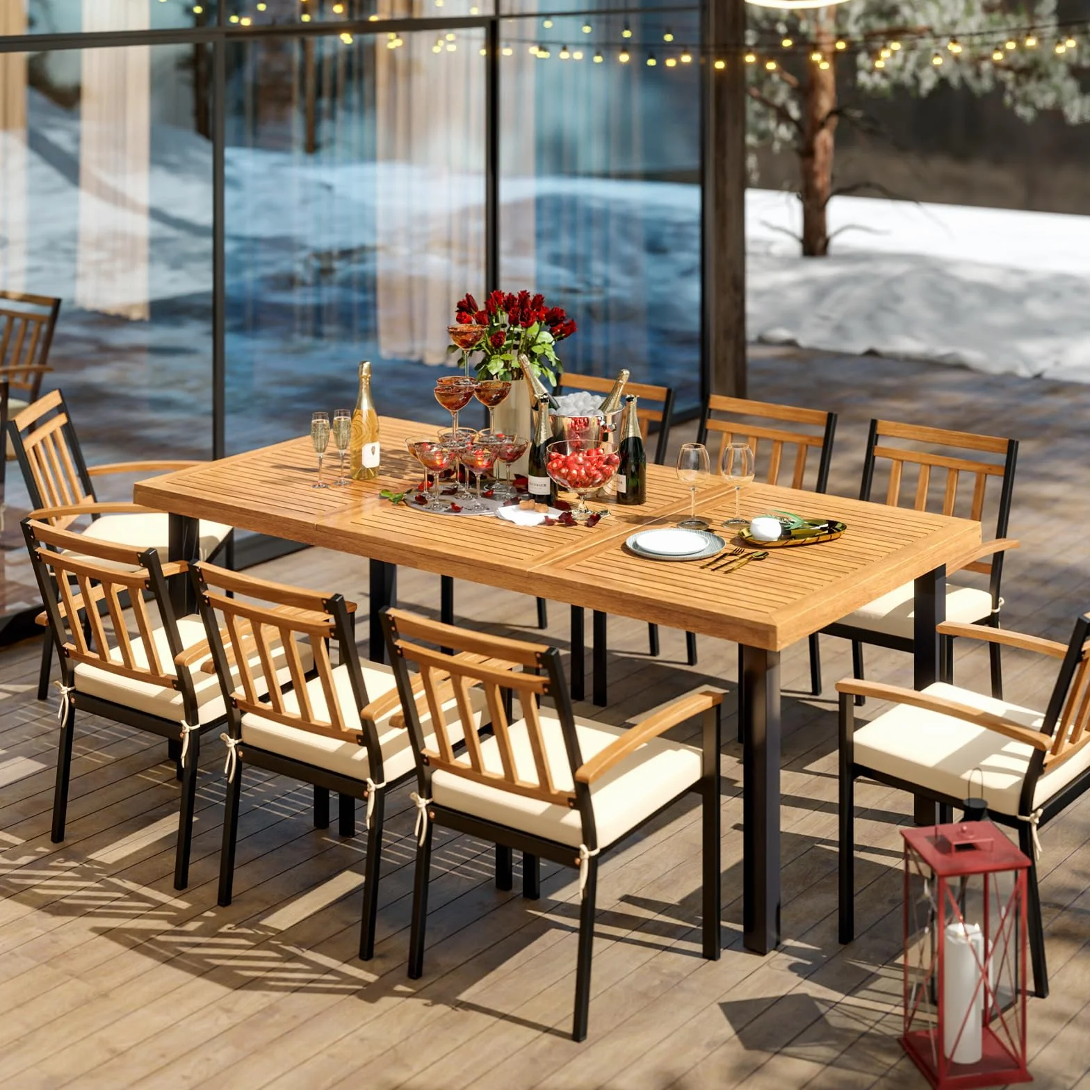KOMFOTTEU Table de Jardin avec Trou pour Parasol 200x100x75 cm Bois d'Acacia Métal 8 Personnes