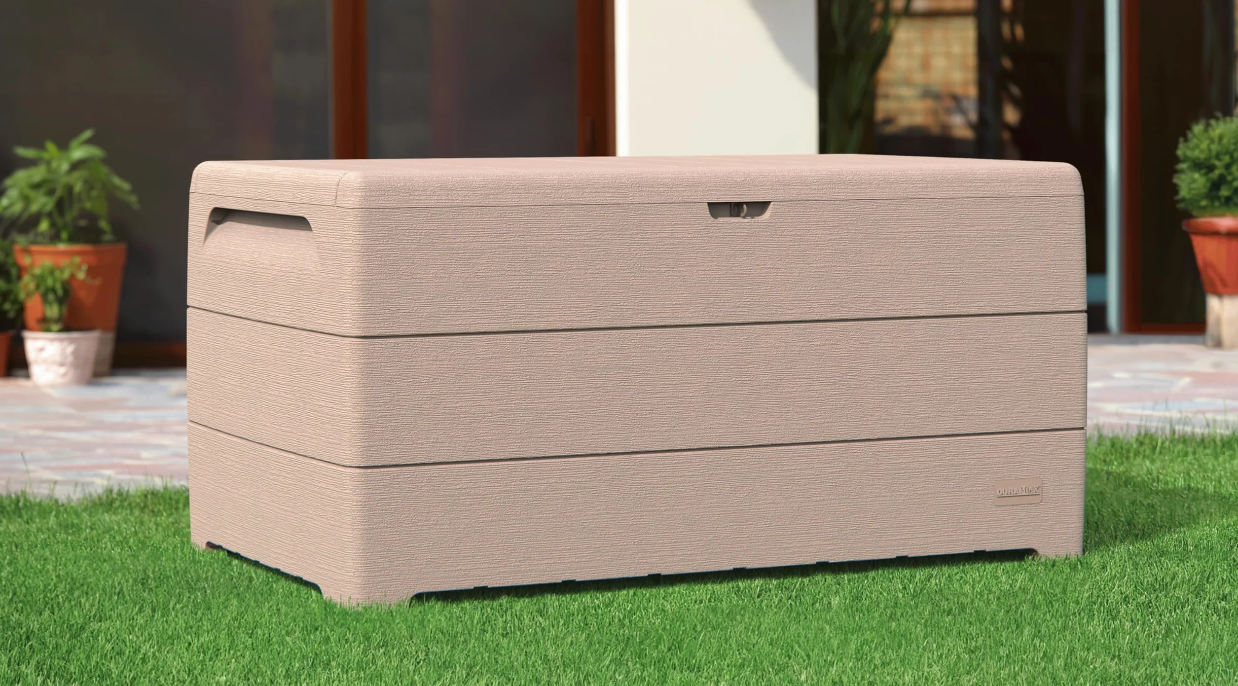 Duramax Durabox 416 Litre Plastic Storage Box Outdoor Deck Box Garden Cushion Box Woodgrain Texture Warm Taupe