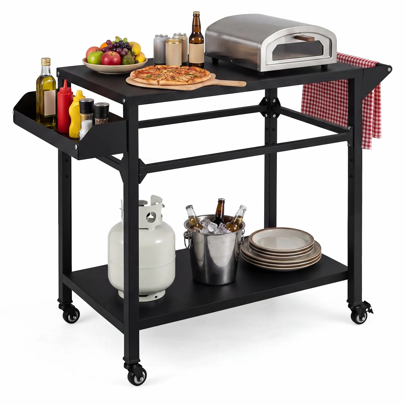 COSTWAY Chariot de Barbecue d'Extérieur 2 Niveaux, Table de Four à Pizza Mobile 100 x 45 x 80 cm