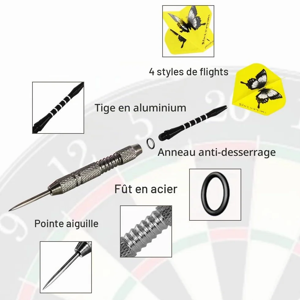 Lot de 12 Fléchettes Pointe Acier, Jeu de Fléchettes Professionnelles de 24g avec 20 ailettes (4 Styles) + 12 tiges en Aluminium, Accessoires pour Flechettes Professionnel