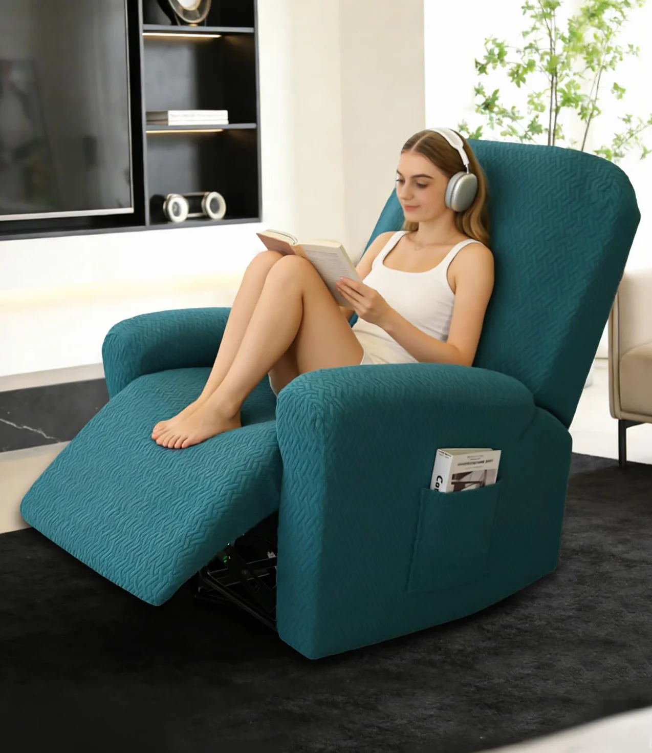Housse de Fauteuil Relax Inclinable Électrique, Jacquard Vert Foncé, Élastique Extensible 4 Pièces