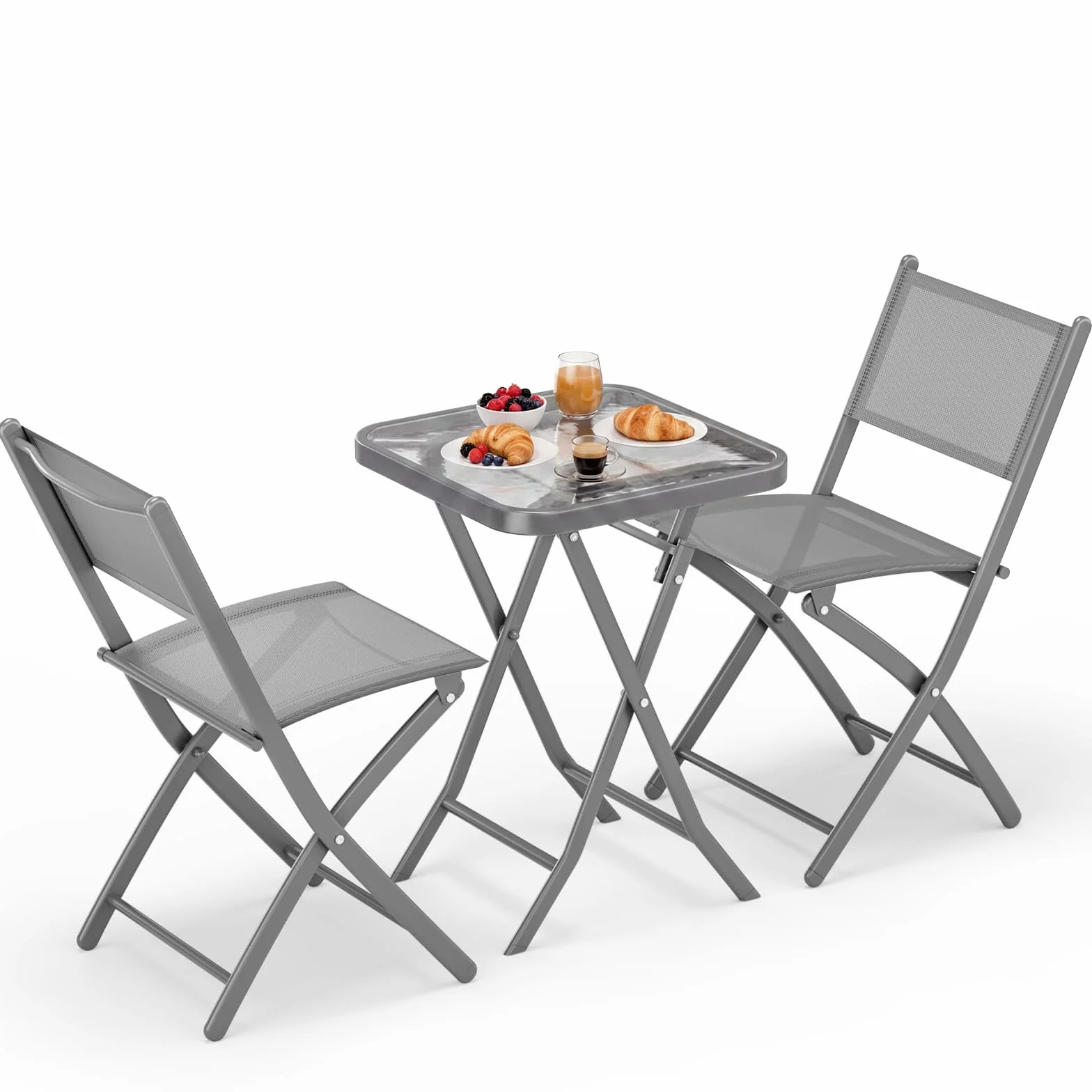 LIFERUN Ensemble Bistrot de Jardin 3 Pièces Pliantes, Table et 2 Chaises, Tissu Textilène, Gris