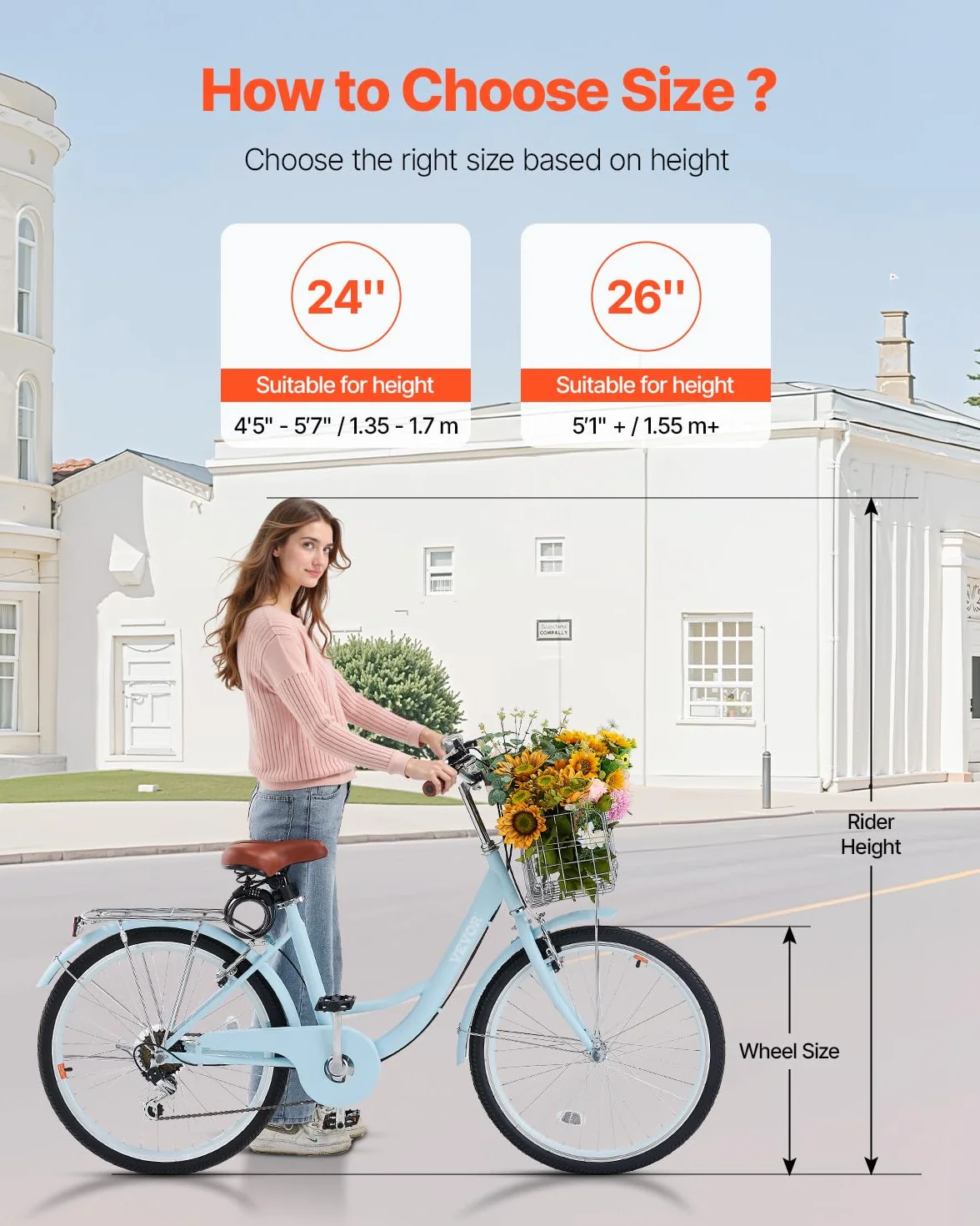 VEVOR Vélo croiseur, Vélo de Plage avec Panier de Grande capacité, Porte-Bagages arrière et siège réglable, sécurisé et Robuste, pour Cyclisme..