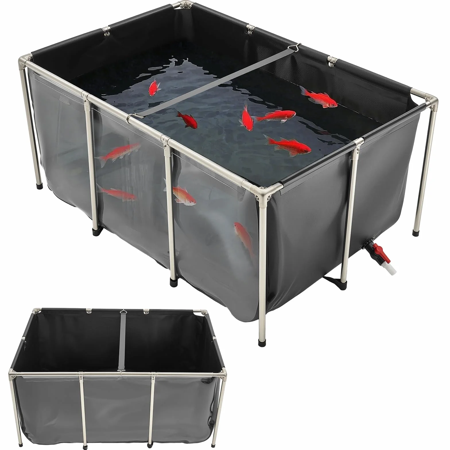 VEVOR Bassin à Poissons Hors Sol 1023,3 L PVC Toile avec Panneau Transparent Cadre Acier Inoxydable Vanne de Vidange Noir