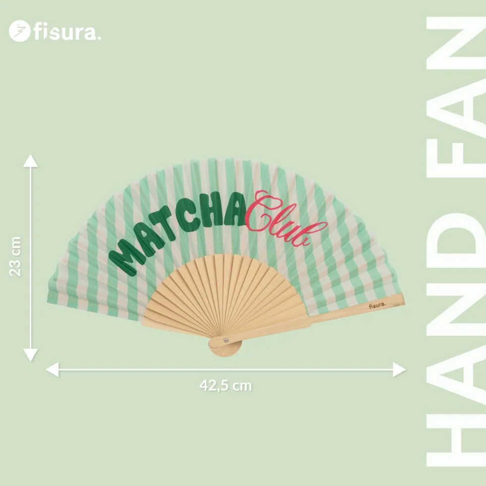 Éventail en Bois Matcha Club Vert à Rayures 42,5 x 23 cm avec Dragonne