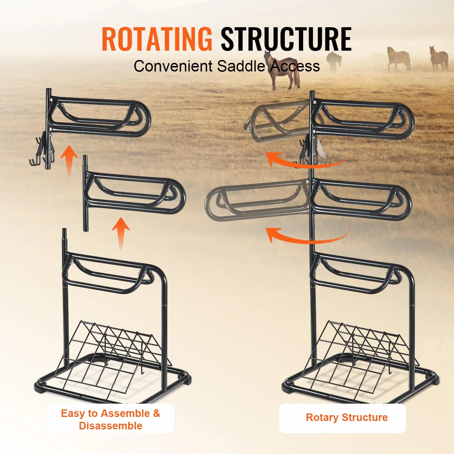 VEVOR Support de Selle Cheval, Porte-Selle Anglais Western Autoportant, Niveaux Rotatifs, Rangement de Couverture et Coussin, pour Matériels Chevaux d'Équitation, Organisation de Sellerie, d'Écuries