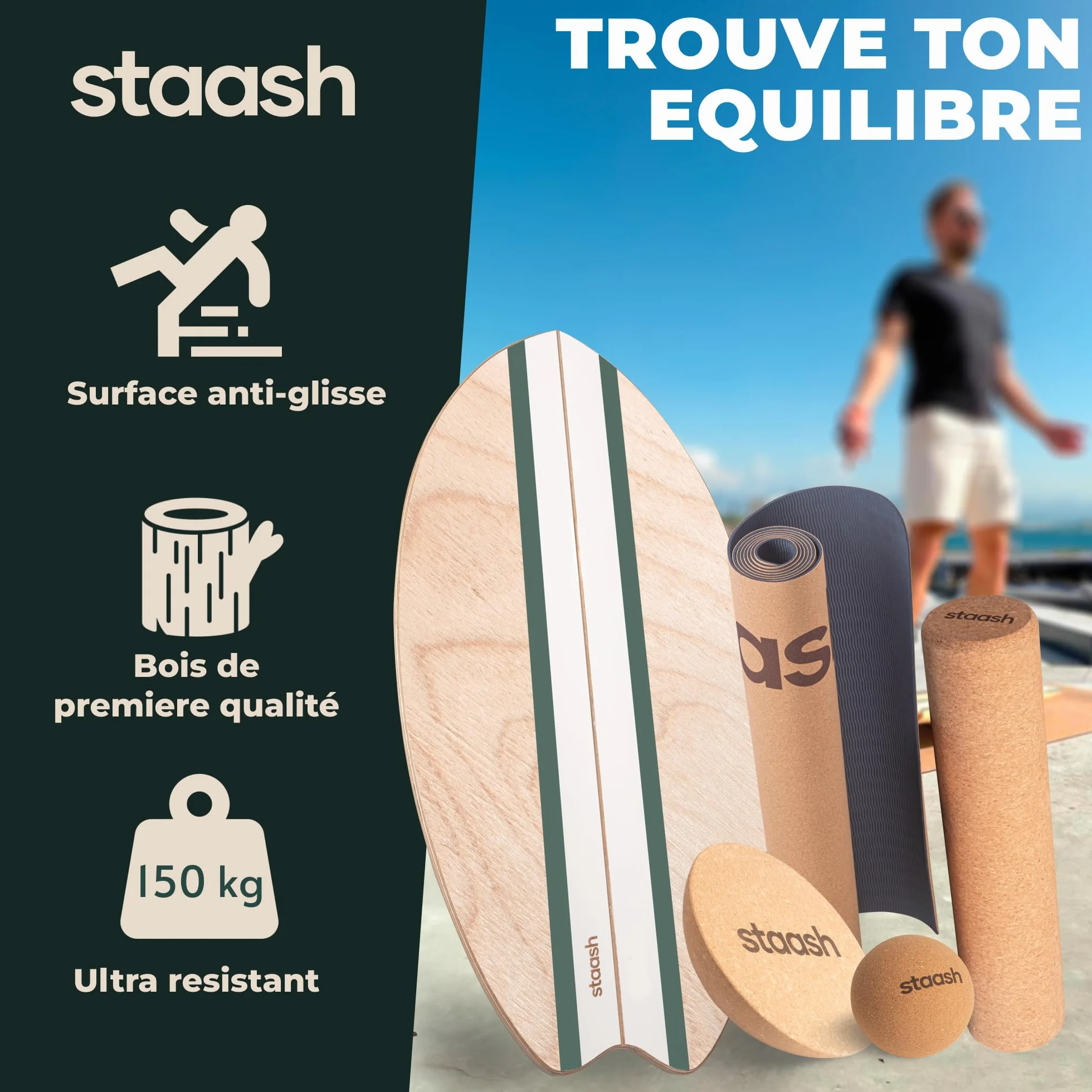 STAASH Balance Board en Bois Premium – Planche d'Équilibre Antidérapante avec Rouleau en Liège pour Surf, Fitness, Yoga et Rééducation