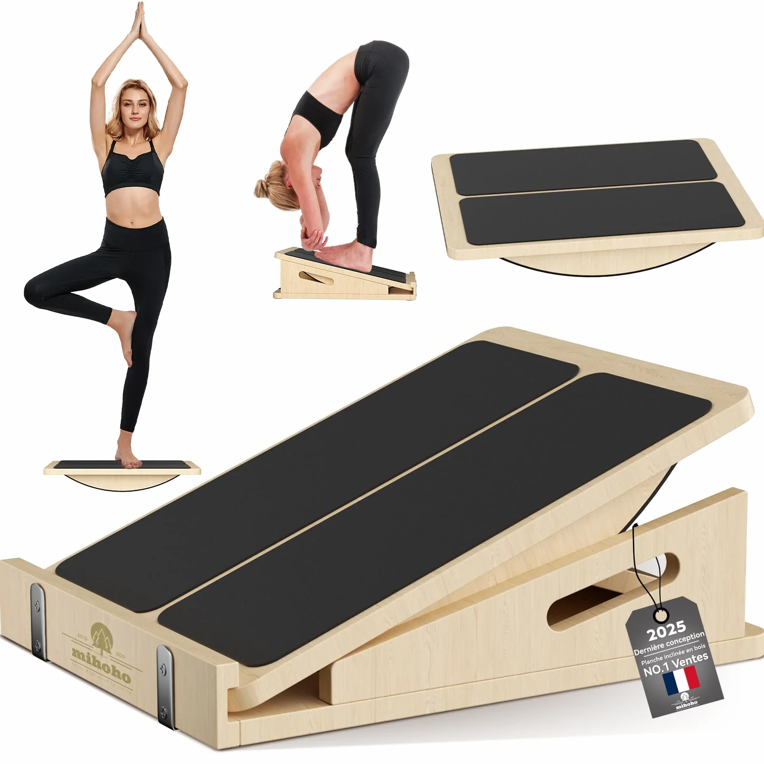 Planche inclinée en bois 2 en 1 pour étirer les mollets et équilibrer, planche d'équilibre réglable pour étirer les chevilles, planches inclinées de physiothérapie pour genoux, chevilles