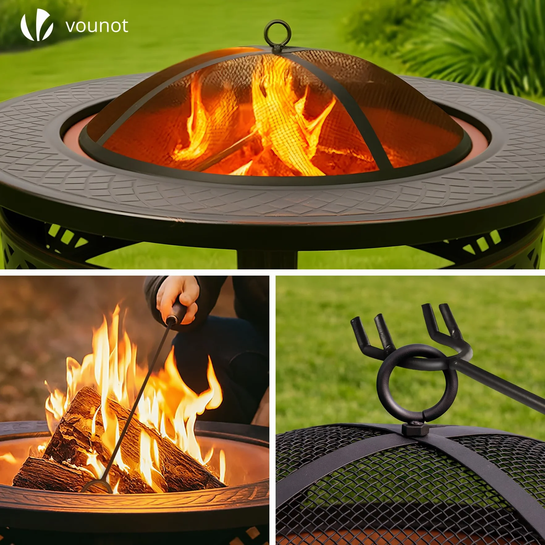 VOUNOT® Brasero Extérieur Ø81cm Métal Pare Étincelles Couvercle Tisonnier Chauffage Jardin Terrasse Foyer Rond Noir