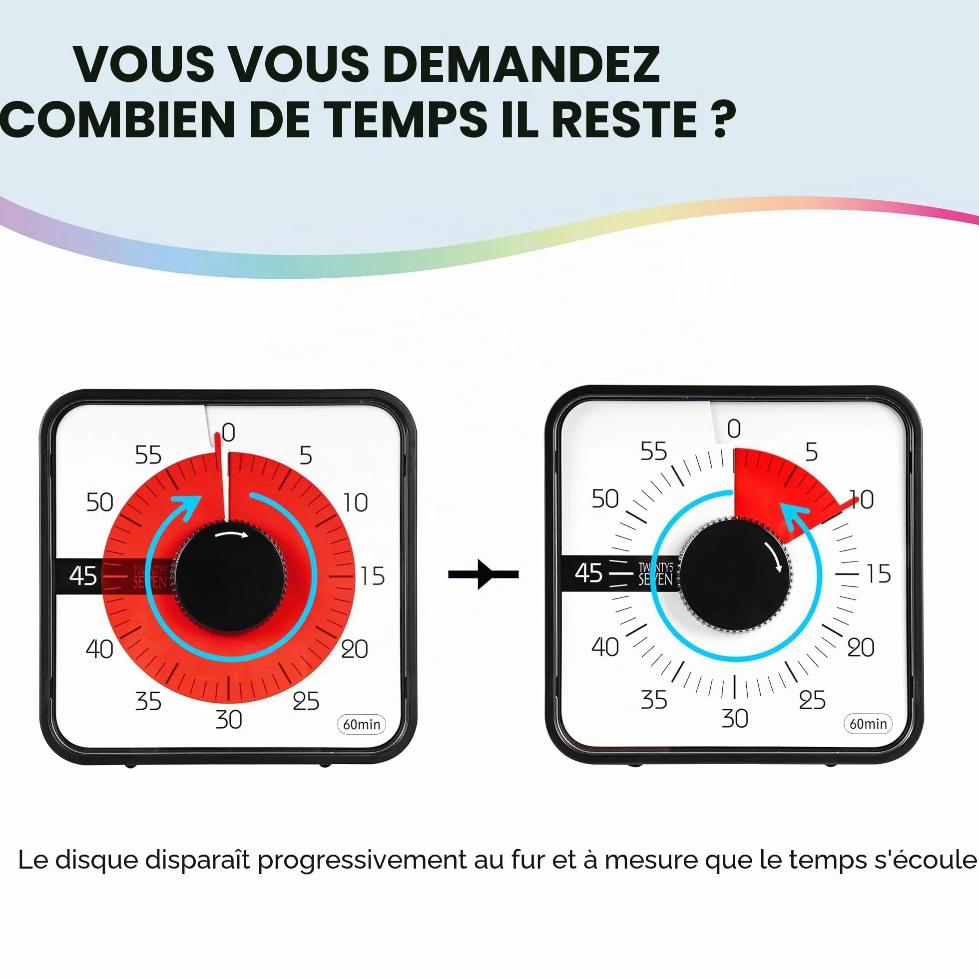 Minuteur à rebours 19 cm visuel pour salle de classe cuisine bureau noir