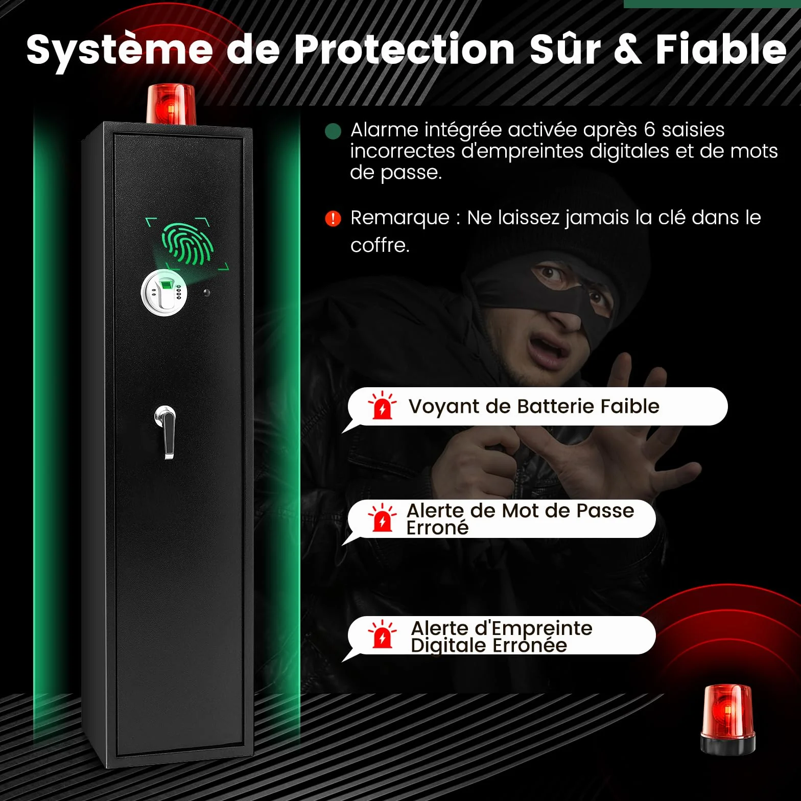 COSTWAY Armoire à 5 Fusils avec Clavier Numérique, Coffre-fort Biométrique avec Pochettes à Pistolet, Boîte Verrouillable Mode Silencieux, pour Fusils et Carabines à la Maison