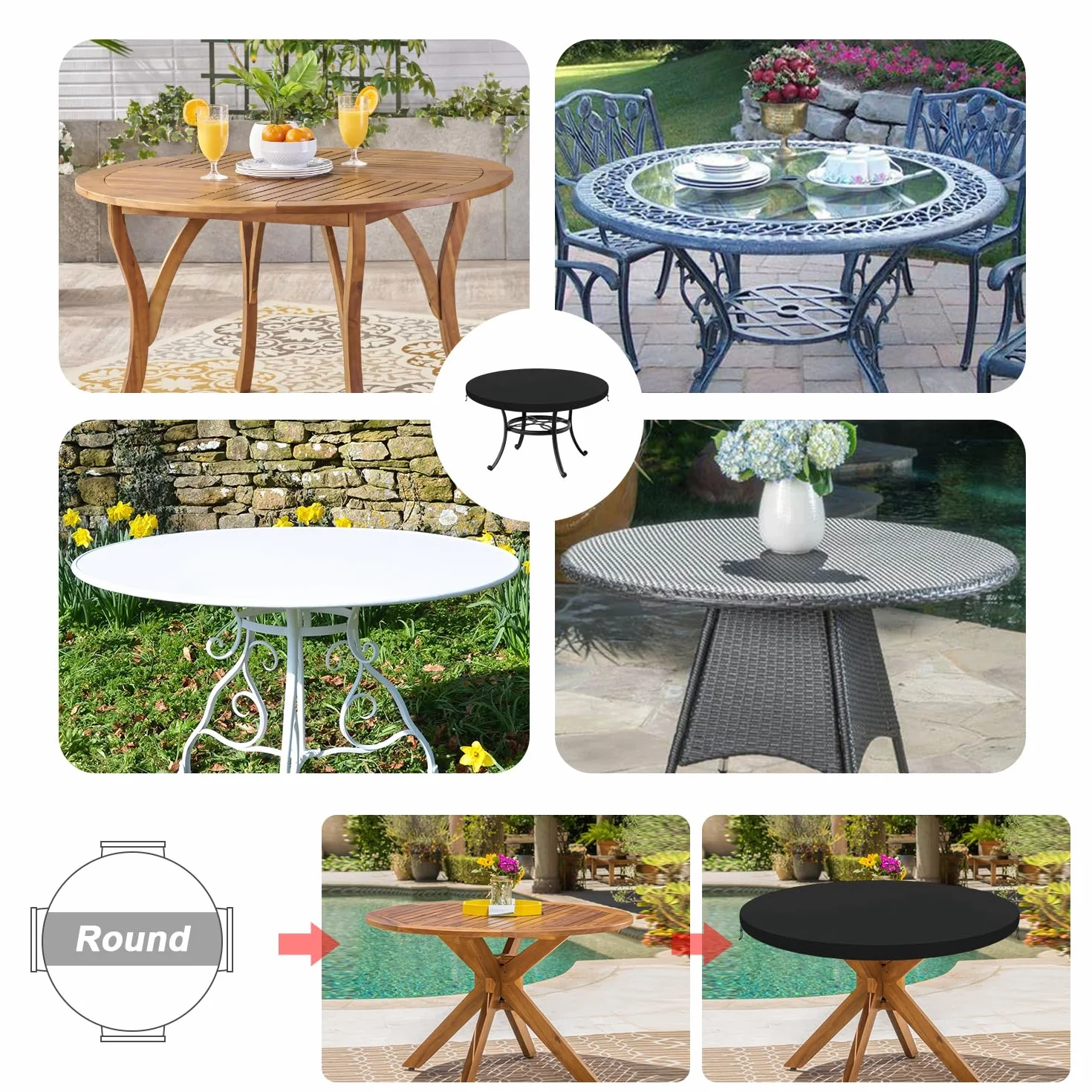 LAMUNI Housse de Table de Jardin Ronde Imperméable Anti-UV Protection 112x10cm