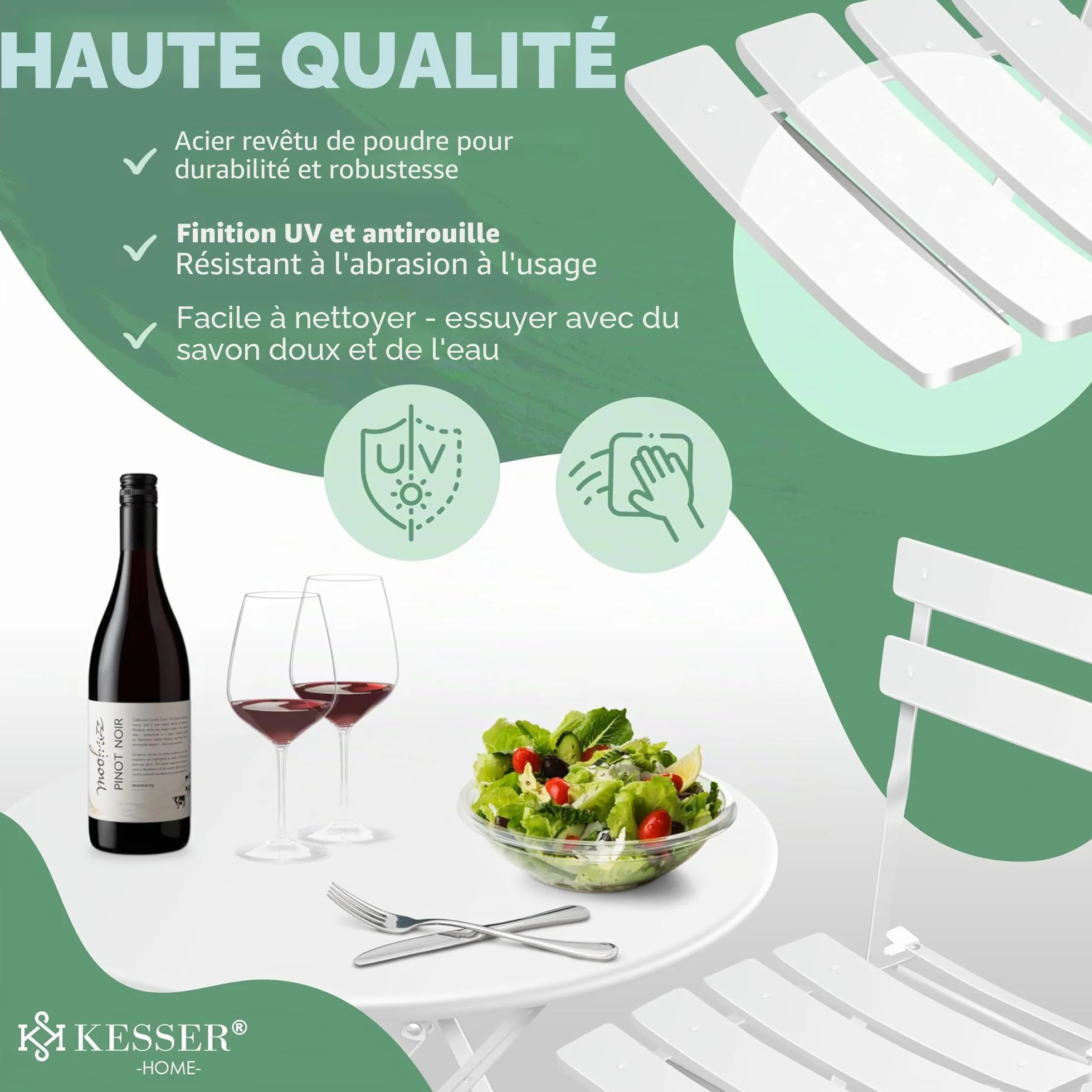 KESSER Salon de jardin métal 1 table 2 chaises pliantes blanc balcon