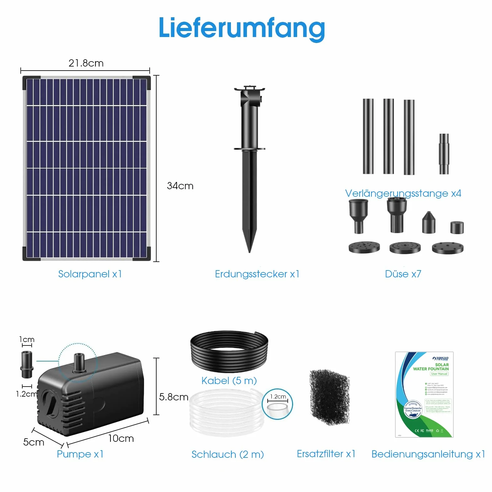 Pompe de bassin solaire extérieur 12 W avec tuyau 2 m câble 5 m fontaine solaire
