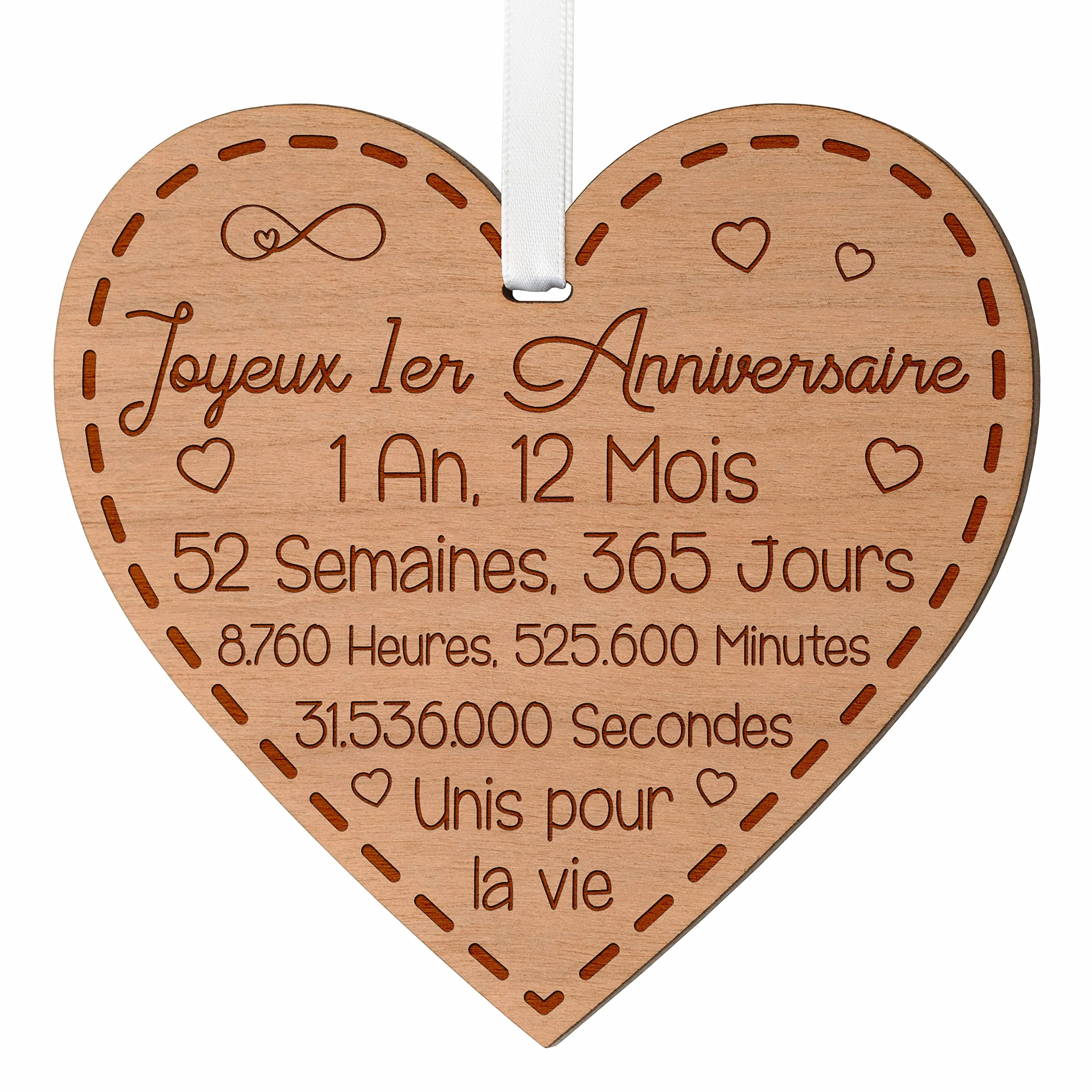 Cadeau Anniversaire de Mariage 1 an - Cœur Gravé en Bois pour Femme Homme
