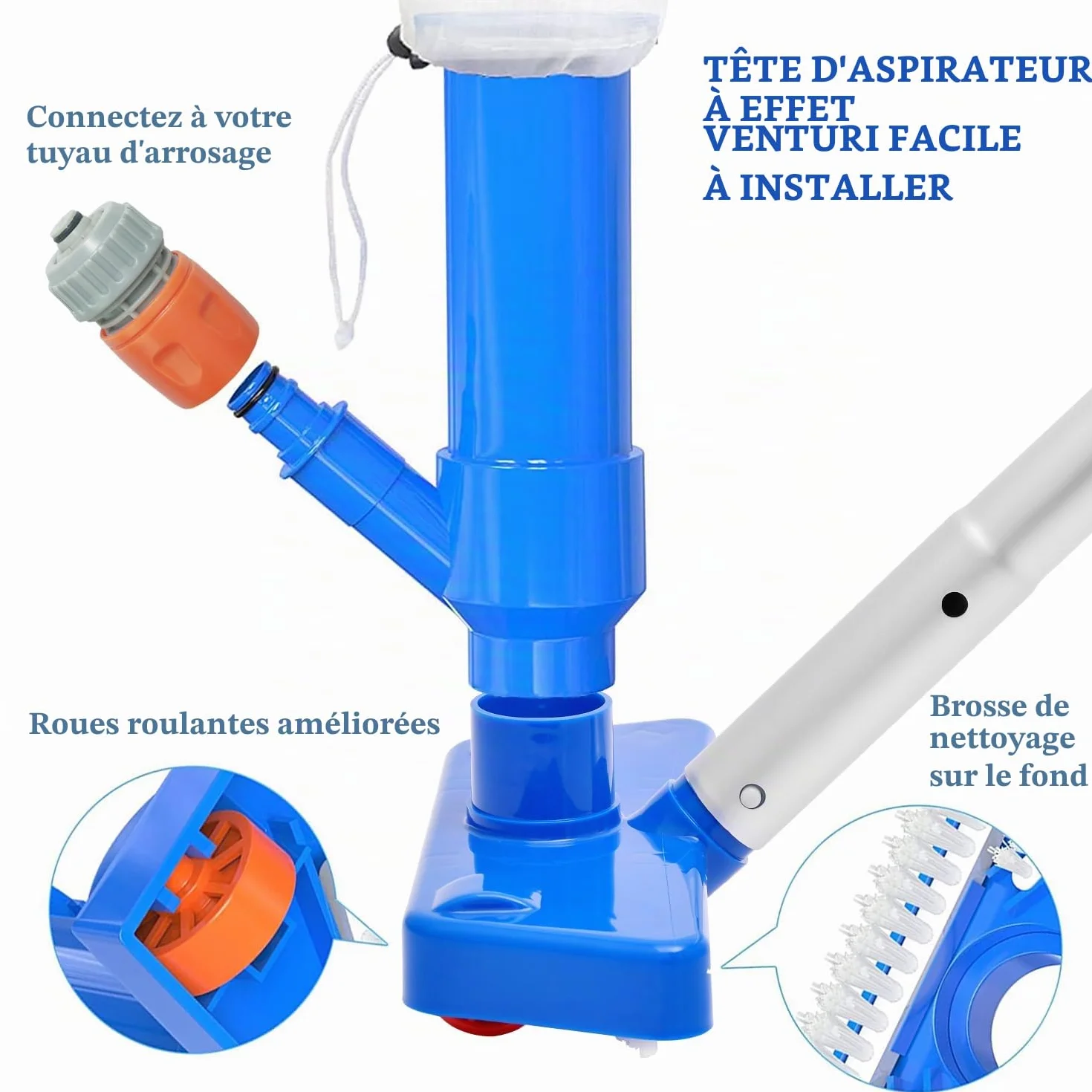 Nettoyeur de Piscine 143cm 4 Tiges Amovibles Aluminium Tête d'Aspiration avec Sac à Feuilles