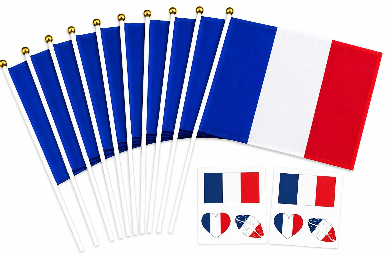 Kit 10 Pièces Petits Drapeaux France 14x21 cm avec Bâton Plastique 30 cm + 2 Feuilles de Tatouages – Drapeau Français Supporter Football