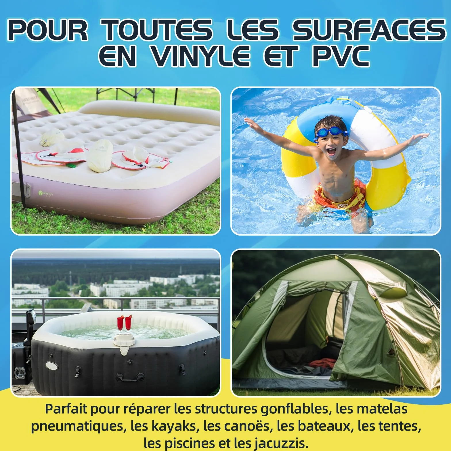 Kit de Réparation Piscine, Rustine Transparente, Colle PVC 60 ML