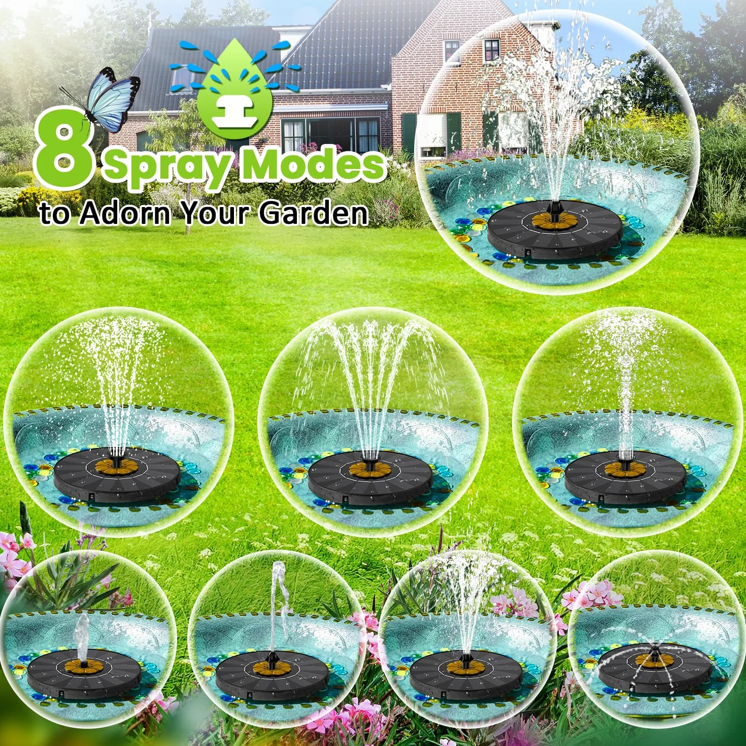 Fontaine Solaire Extérieur Flottante Pompe Bassin 8 Buses 4 Tiges Fixes Marron