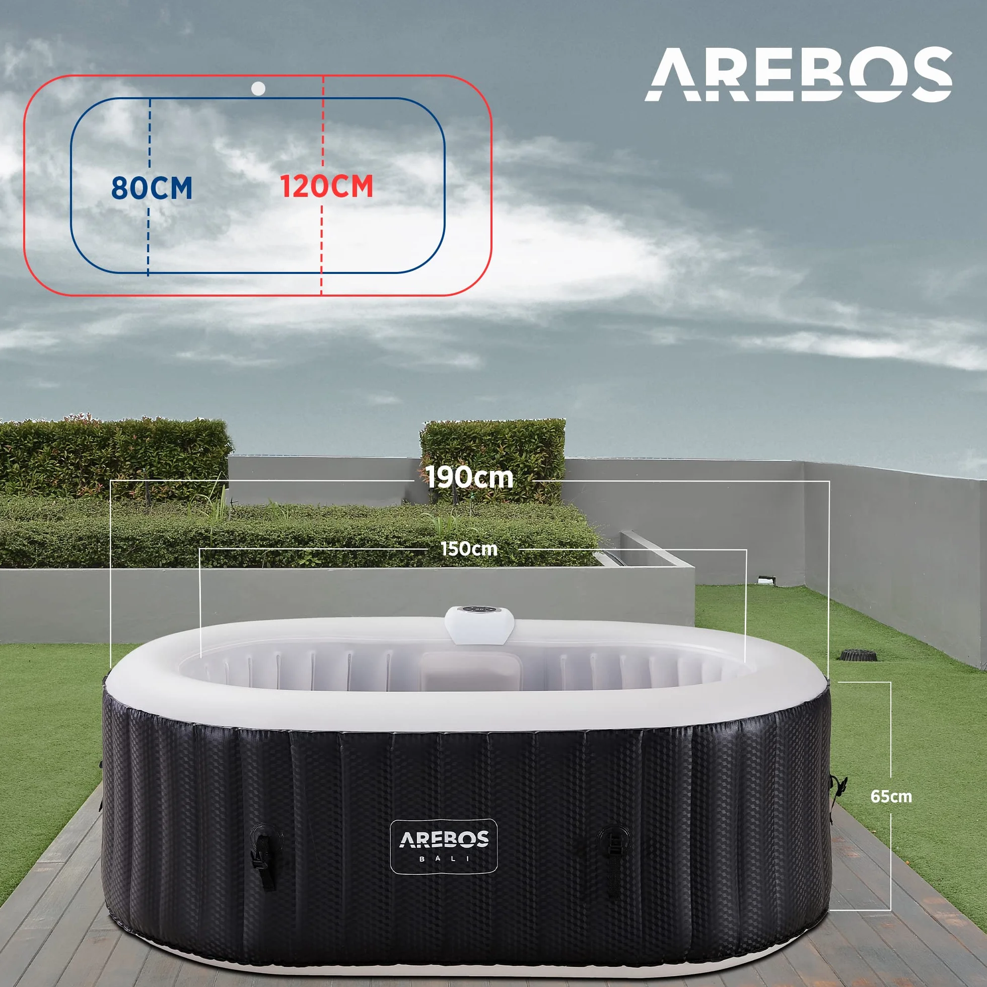 Arebos Spa Gonflable 190x120 cm 2 Personnes 90 Jets Massage Chauffage 550 Litres Couverture LED