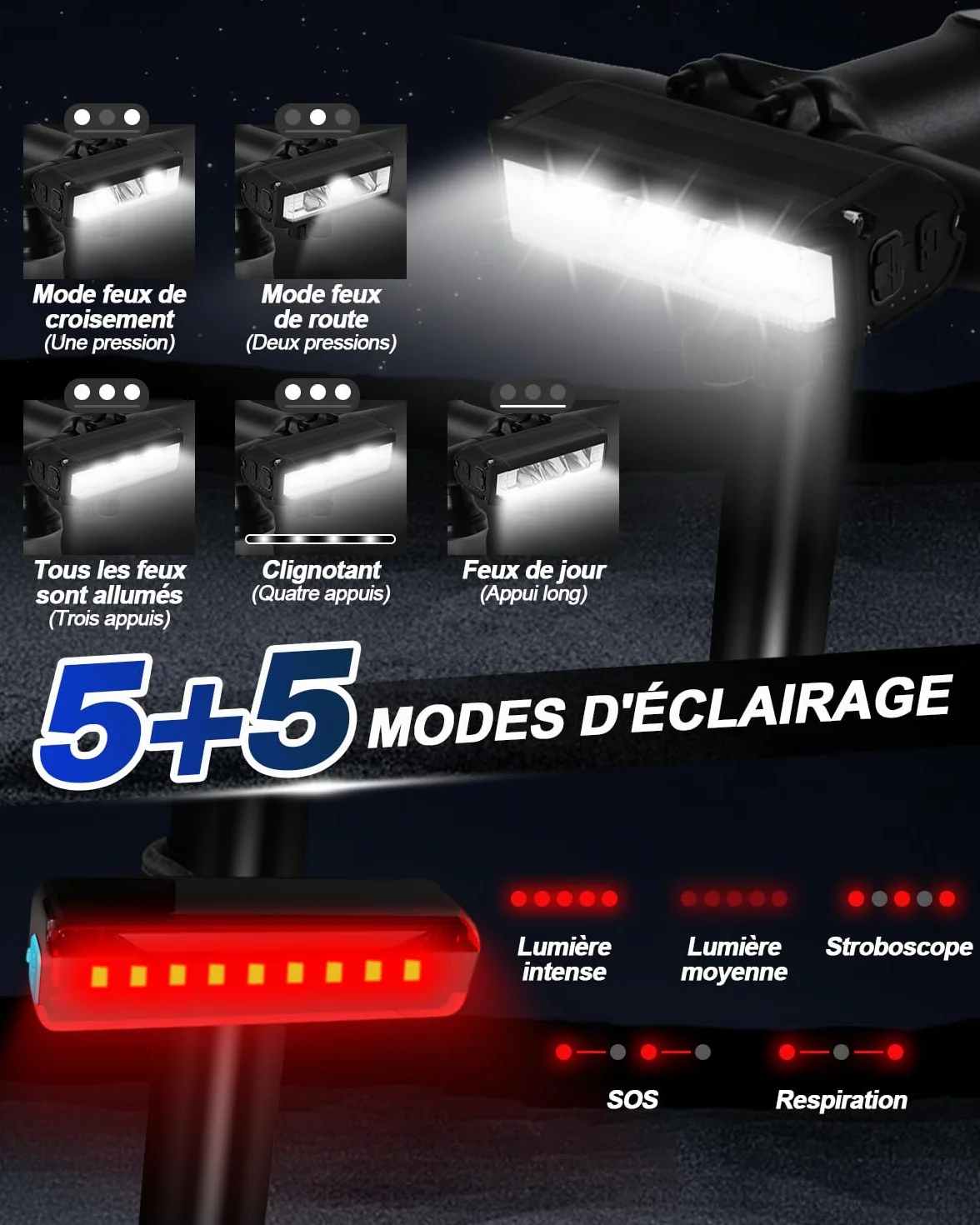 Victoper Lumiere Velo Avant et Arrière,Eclairage Velo Faisceau Large, 2025 Amélioré Lumen élevé Lampe Velo LED Puissantes, IPX4 Étanche,Eclairage Velo pour Cyclisme sur Route en Montagne