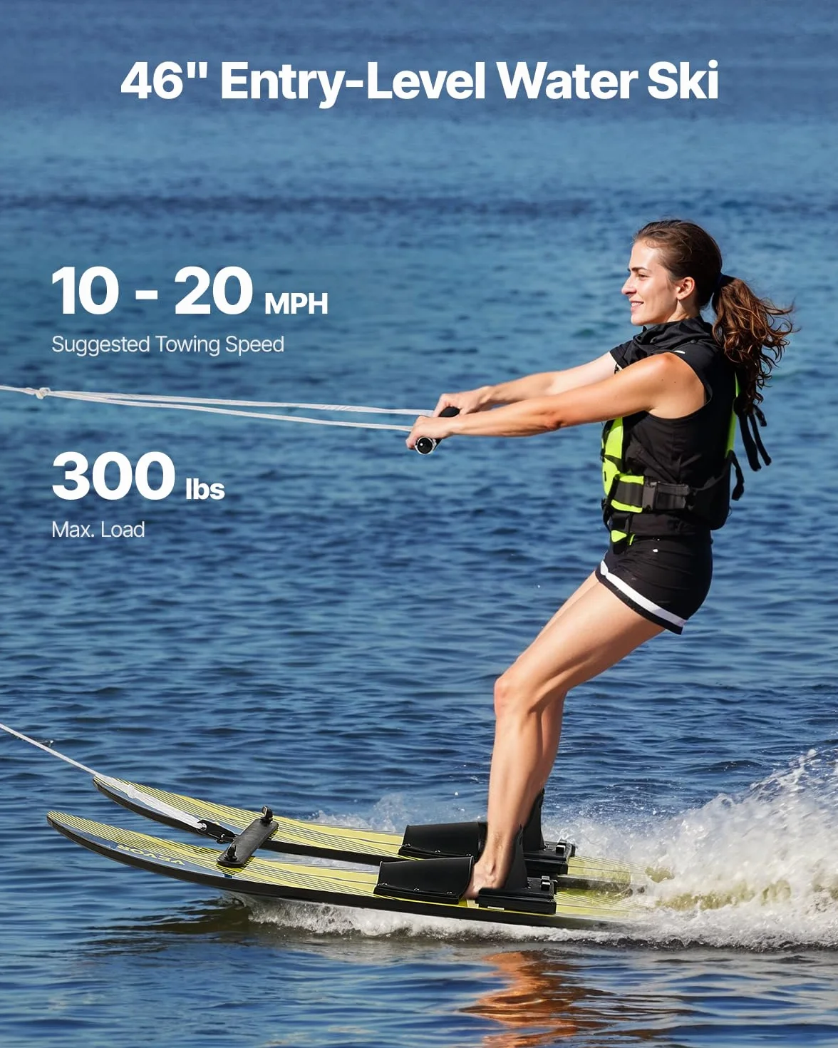 VEVOR Combo Skis Nautiques 116,8 cm, Matériels de Ski Nautique avec Fixations Réglables X-7, Corde à Double Poignée et Barre Stabilisatrice Amovible, Ensemble d'Entraînement pour Sport sur l'eau
