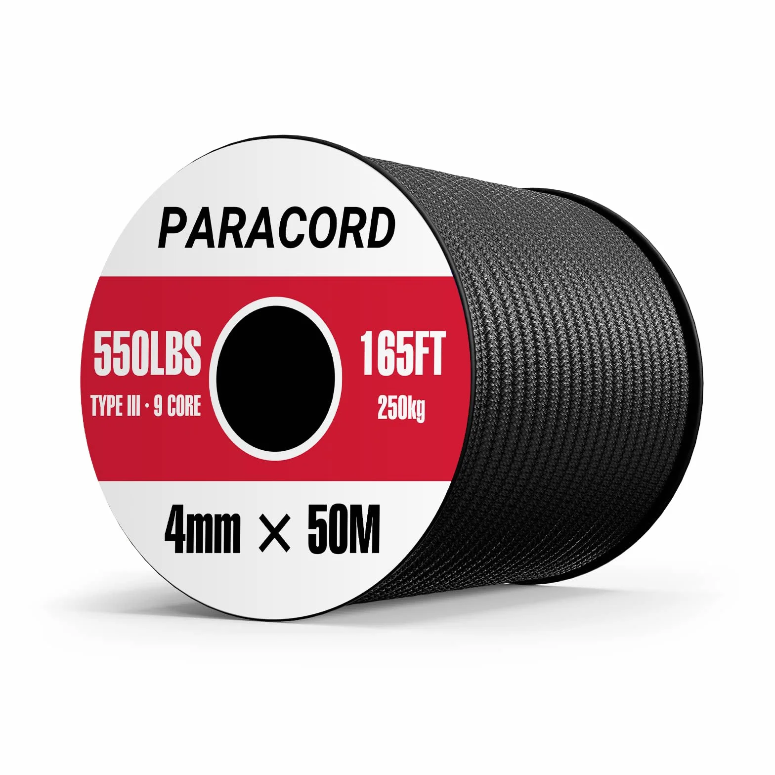 Paracorde 550 Type III 9 Brins 4mm 50M 100% Polyester Max 250 kg Noir