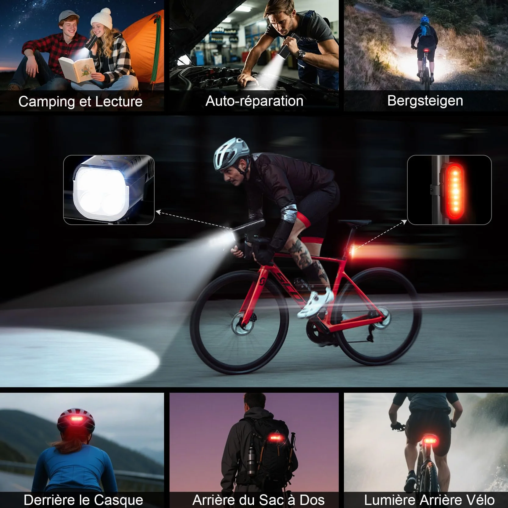 100% Super Lumiere Velo Avant et Arriere: 【Nouvelle Version 130% Plus Lumineuse】 4400mAh Lampe Velo 3+8 Modes Éclairage & IPX6 Étanche, Lampe Velo LED puissantes pour Camping Randonnée