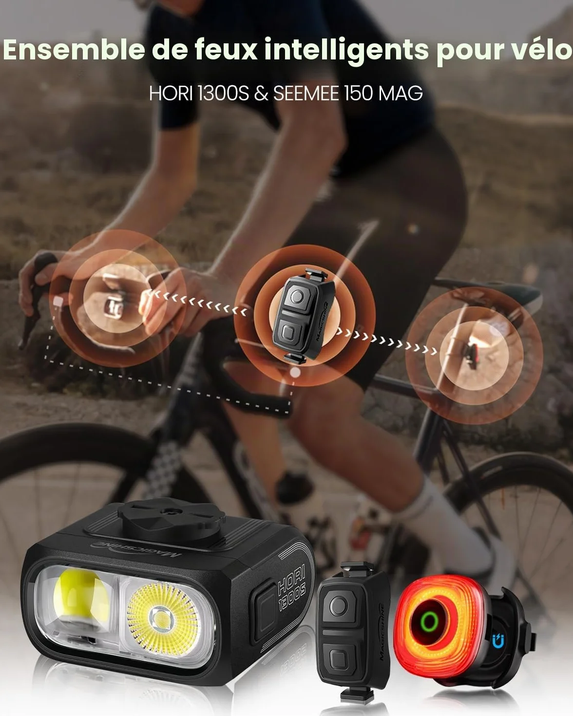 Magicshine Éclairage vélo HORI1300S et SEEMEE150 MAG Avant et arrière, Commande Tactile FTR LightSync, éclairage Avant 1300 LM et éclairage arrière magnétique 150 LM, Rechargeable par USB-C