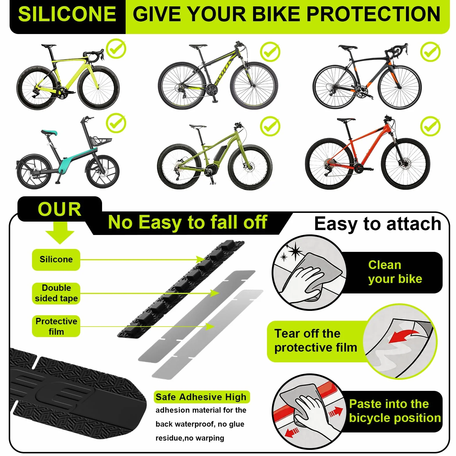 Protection Cadre Velo Silicone Adhésif Anti-Rayures pour Chaine et Tube Inférieur Film Protecteur Résistant Noir pour VTT Route E-Bike VTC Accessoire Protection