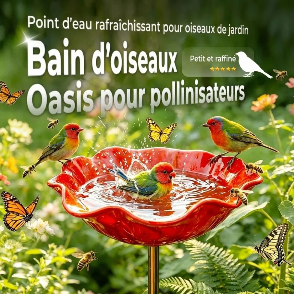 Mangeoire Oiseaux Exterieur en Fonte, Abreuvoir Bain Oiseaux Hauteur, Decoration Jardin (Rouge 2 Pcs)