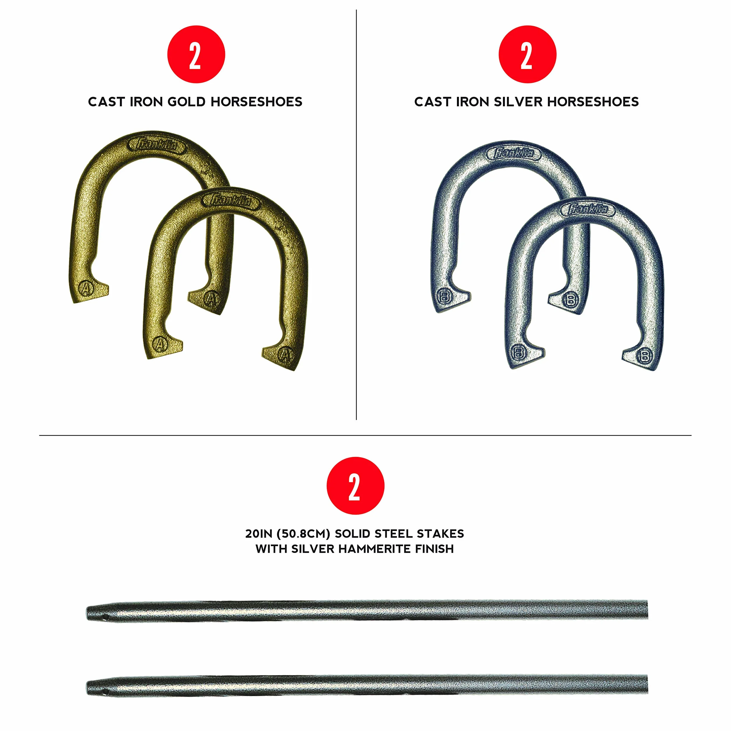 Franklin Sports Ensemble de fers à cheval officiels en acier lesté pour le jeu, pour adultes et enfants, plage, pelouse - 4 fers à cheval et 2 piquets de sol