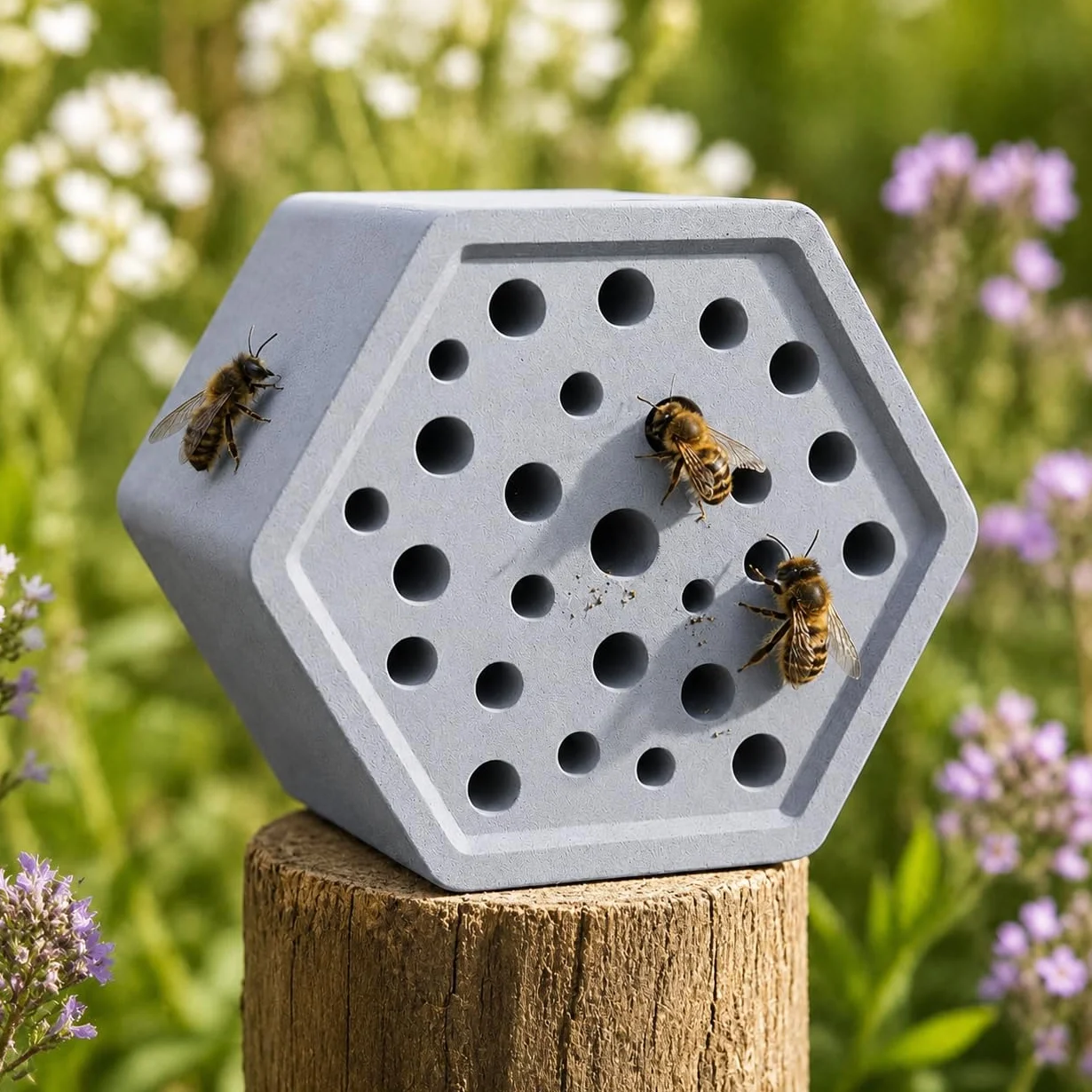 Hôtel à abeilles résistant aux intempéries en béton pour jardin, abeilles sauvages compact, aide nidification abeilles maçonnières