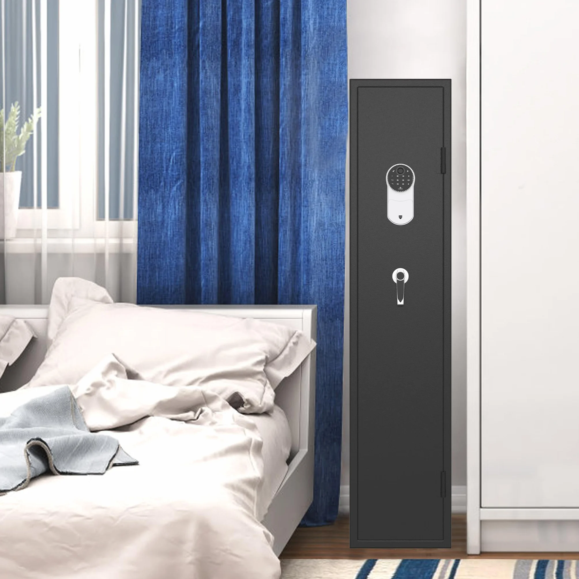 NAIZY Armoire à armes 30 x 28 x 138 cm avec serrure à combinaison tactile et serrure à empreintes digitales et clé - Armoire à armes longues - Armoire à munitions - Pour 3 à 5 fusils
