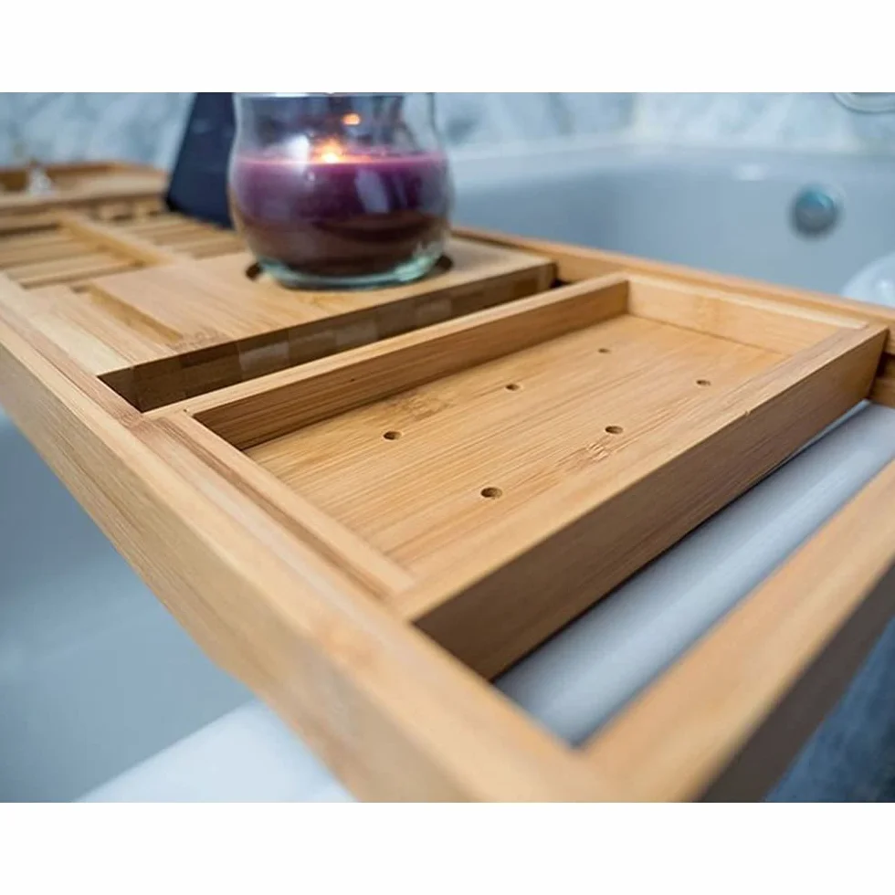 Plateau de Bain en Bambou Extensible 75-109cm avec Rangement et Porte-Savon
