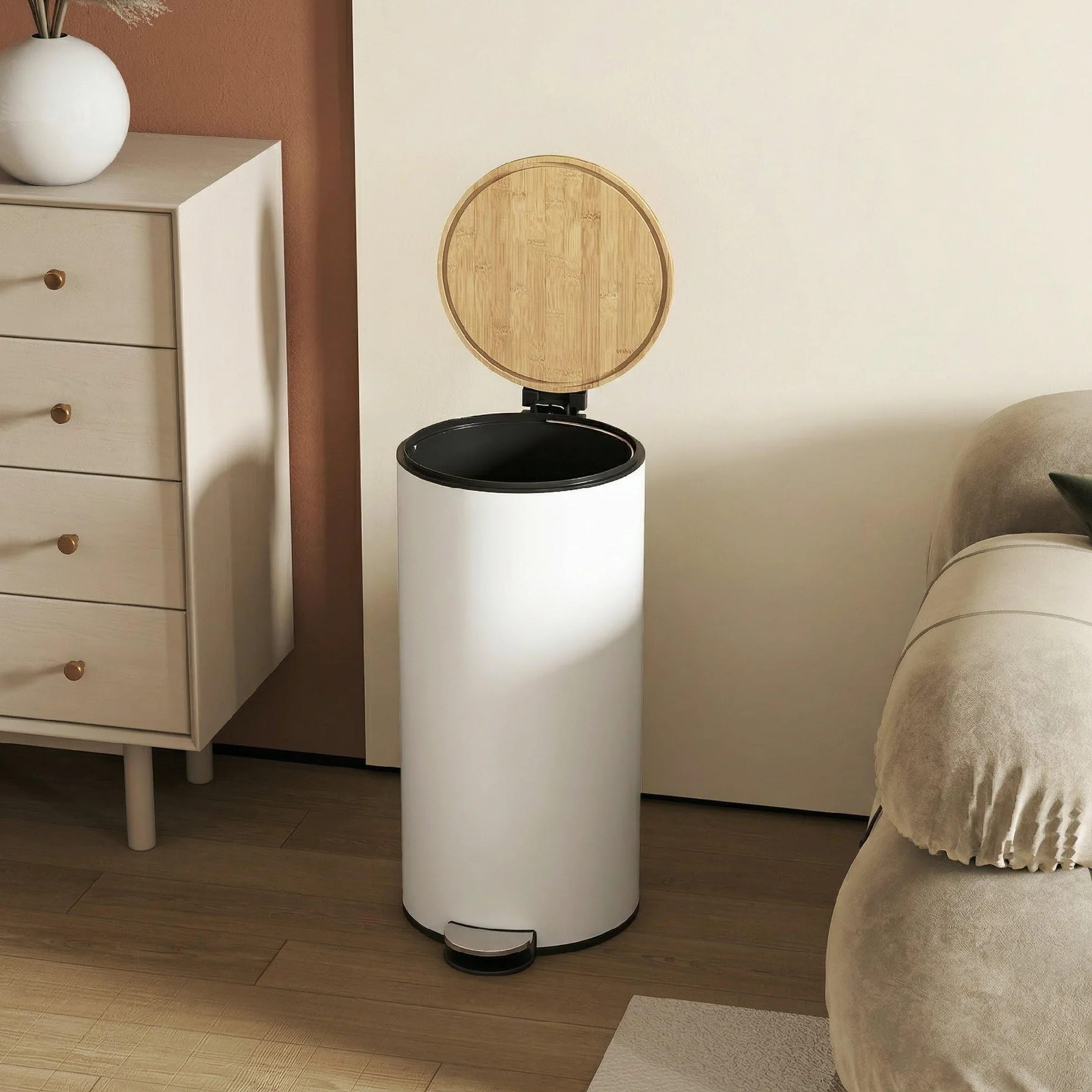 HOMCOM Poubelle Cuisine 30L Poubelle à Pédale Métal Seau Intérieur Amovible Couvercle Bambou Fermeture Douce Blanc