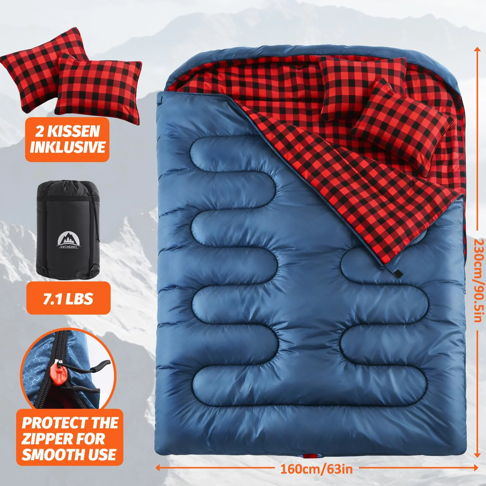 SWTMERRY Sac de couchage double pour adulte - Sac de couchage pour 2 personnes - 230 x 160 cm - Avec 2 coussins - Pour la famille, l'extérieur, la randonnée, les voyages