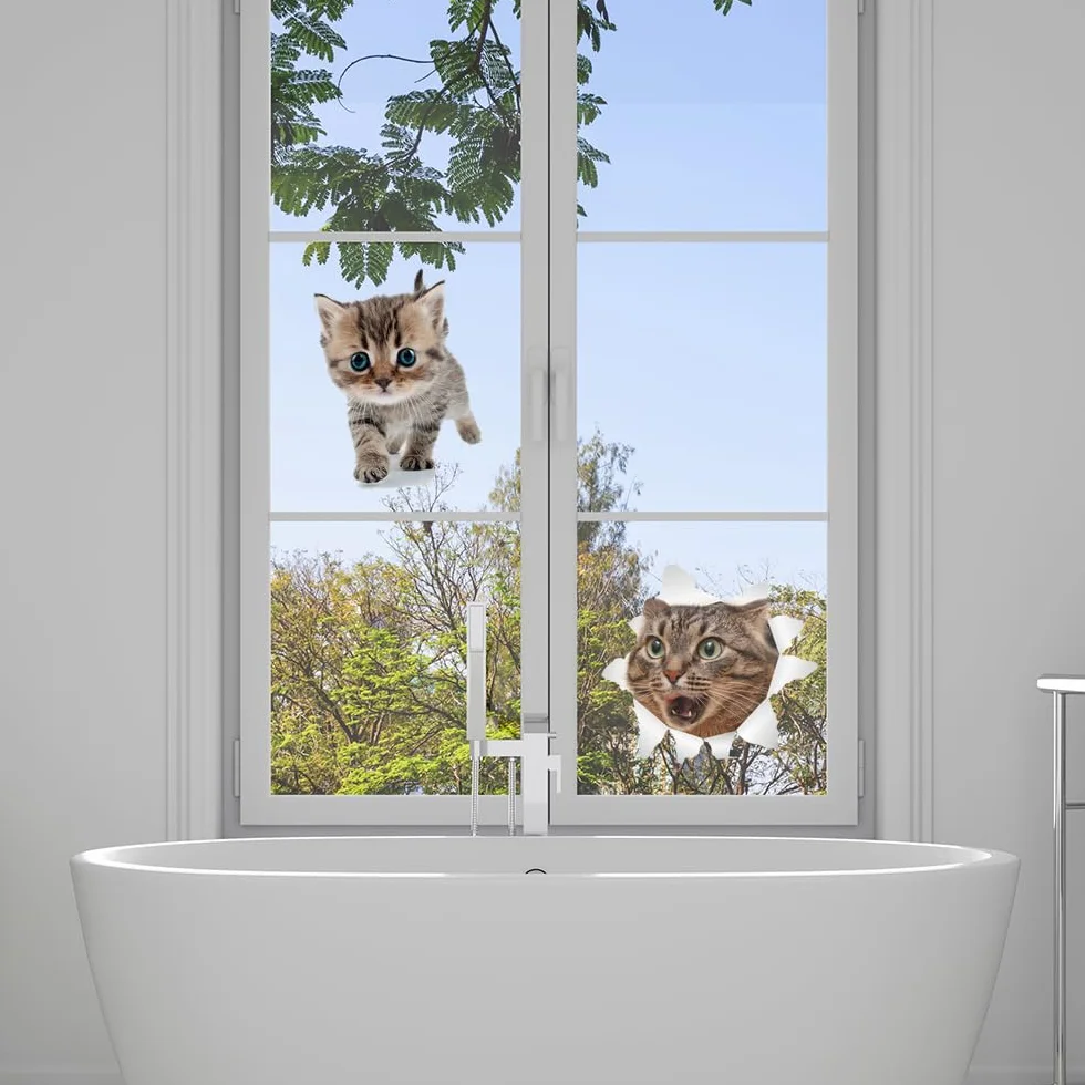 Autocollant Chat 3D Mignon Amovible 12 Pièces Décor Mural Salle de Bain