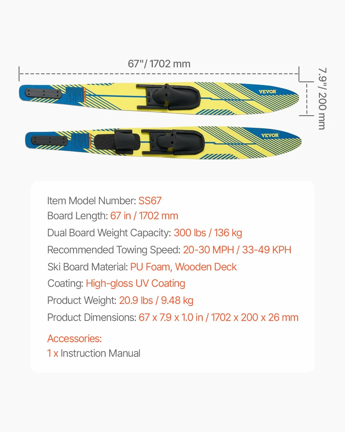 VEVOR Combo Skis Nautiques 170,2 cm, Matériels de Ski Nautique pour Adultes avec Fixations Réglables X-9 en Fer à Cheval et Plaque d'orteil Arrière Rembourrée, Revêtement UV Brillant, Sport sur l'eau