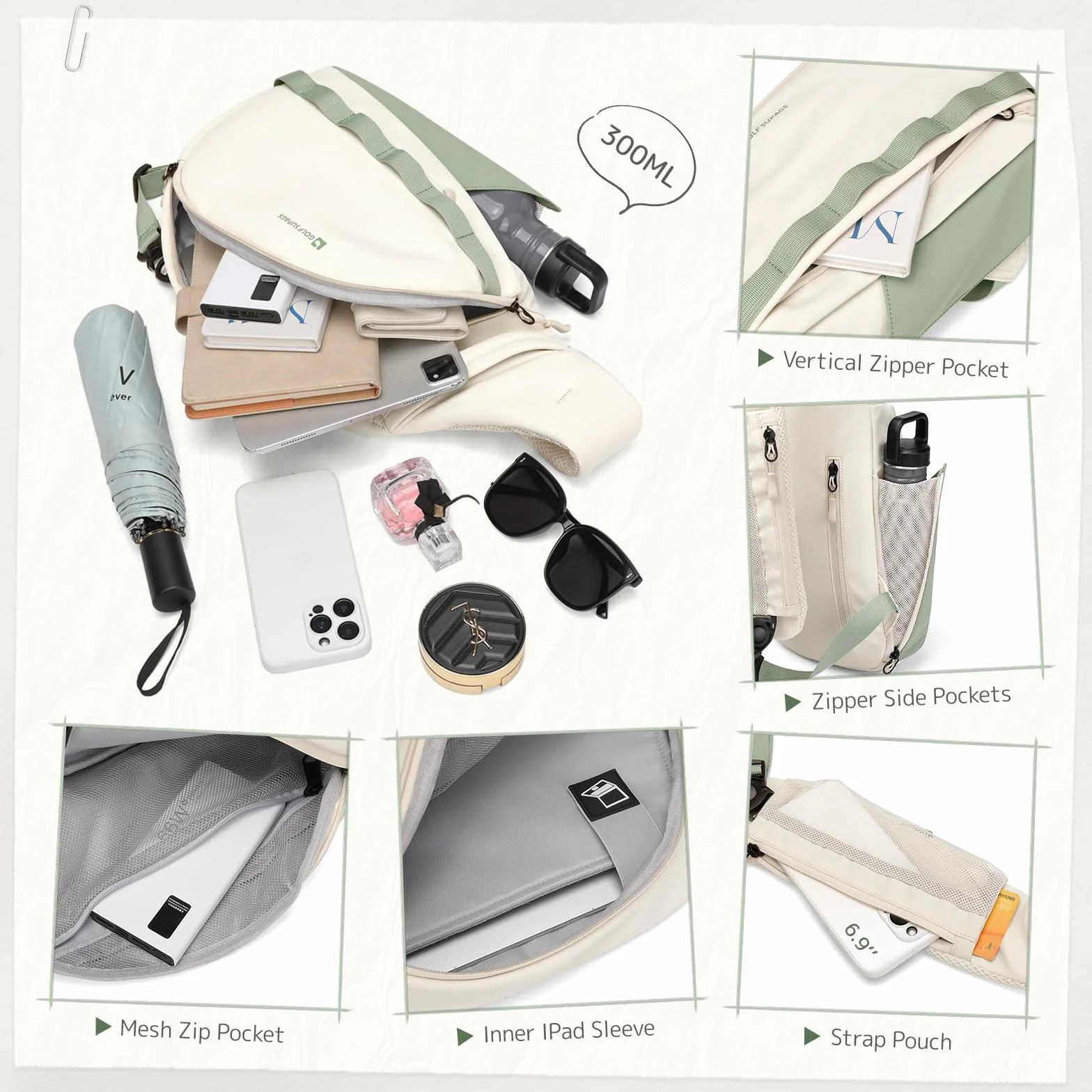 GOLF SUPAGS Sac Bandoulière Homme Femme Léger Résistant à l'Eau Polyvalent pour l'Extérieur Cyclisme Voyages