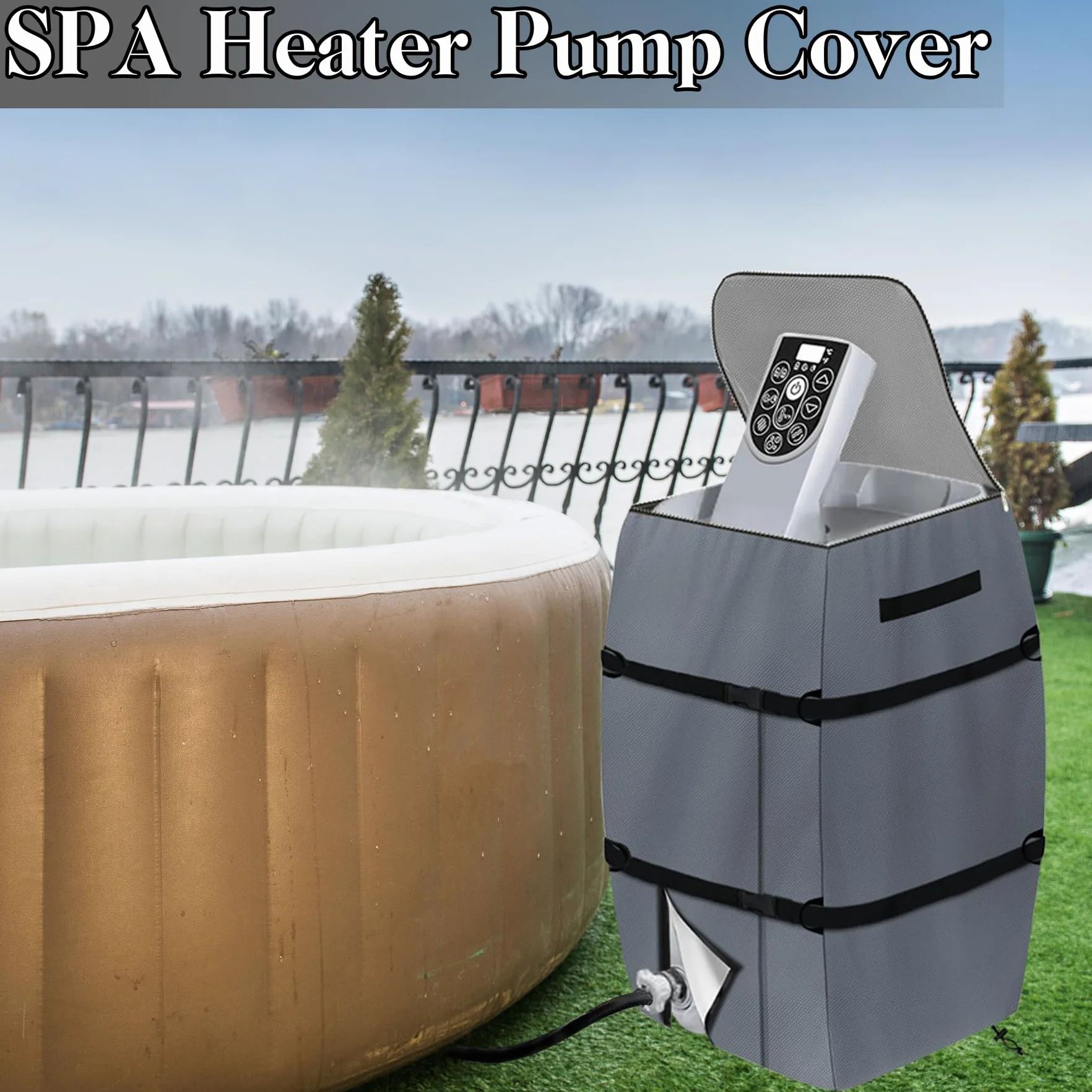 TZEKING Housse De Chauffage pour Spa Imperméable, Ajustable et Pliable - Couvercle De Pompe avec Cordon et Boucle