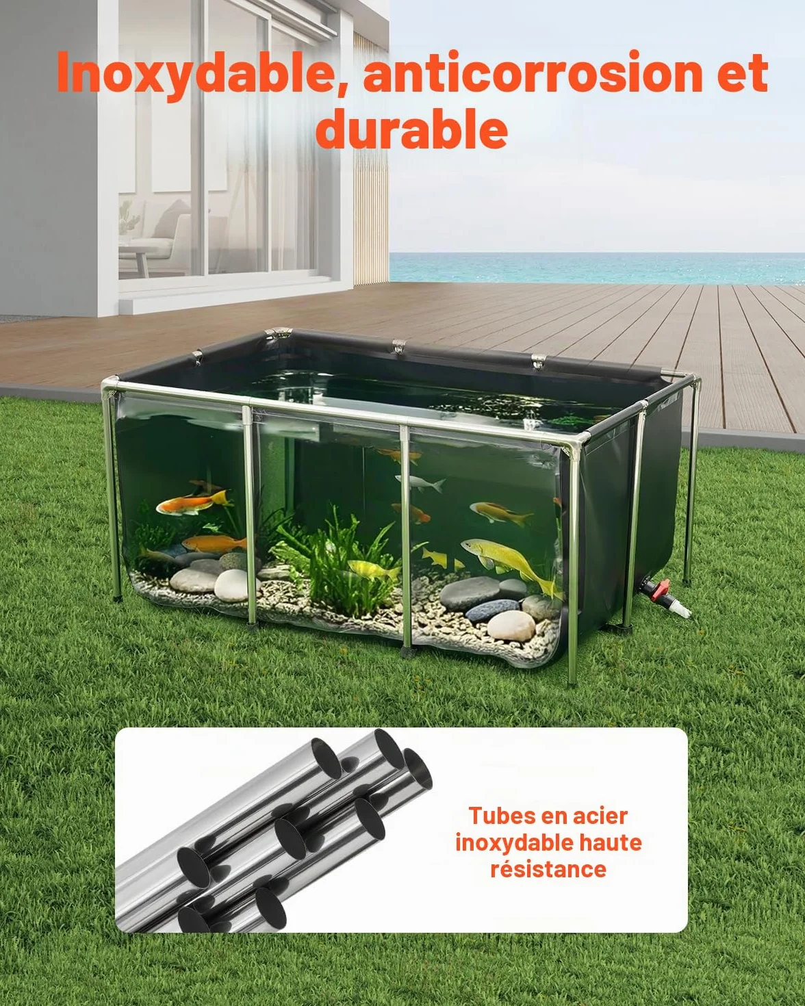 VEVOR Bassin à Poissons Hors Sol 1023,3 L PVC Toile avec Panneau Transparent Cadre Acier Inoxydable Vanne de Vidange Noir